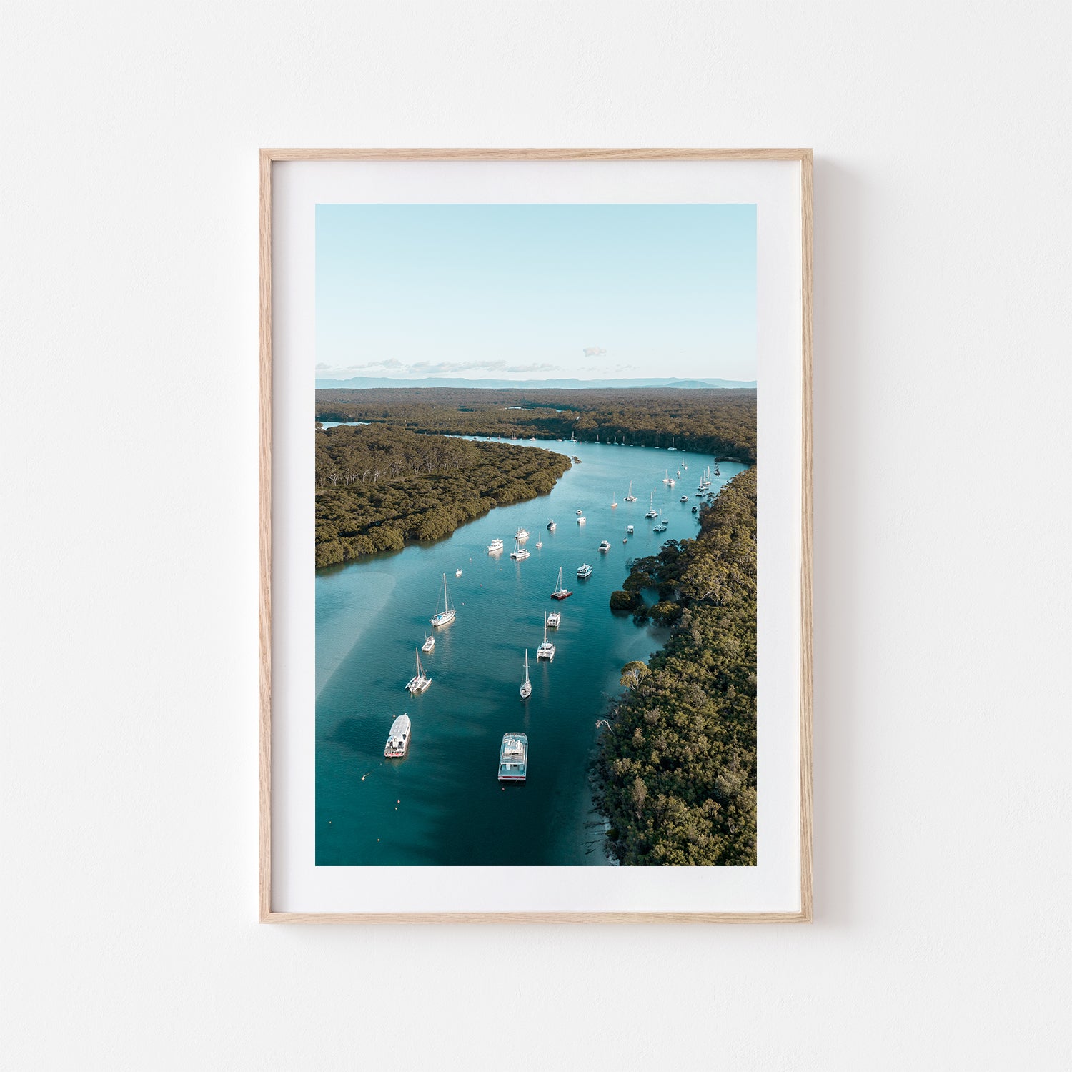 Currambene Creek waterway aerial view in oak frame - coastal landscape wall art