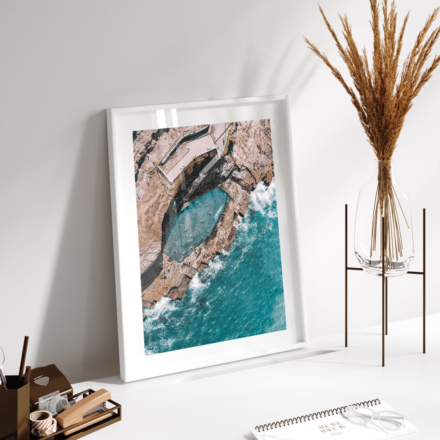 Newcastle Bogey Hole aerial view in white frame - coastal ocean pool wall art