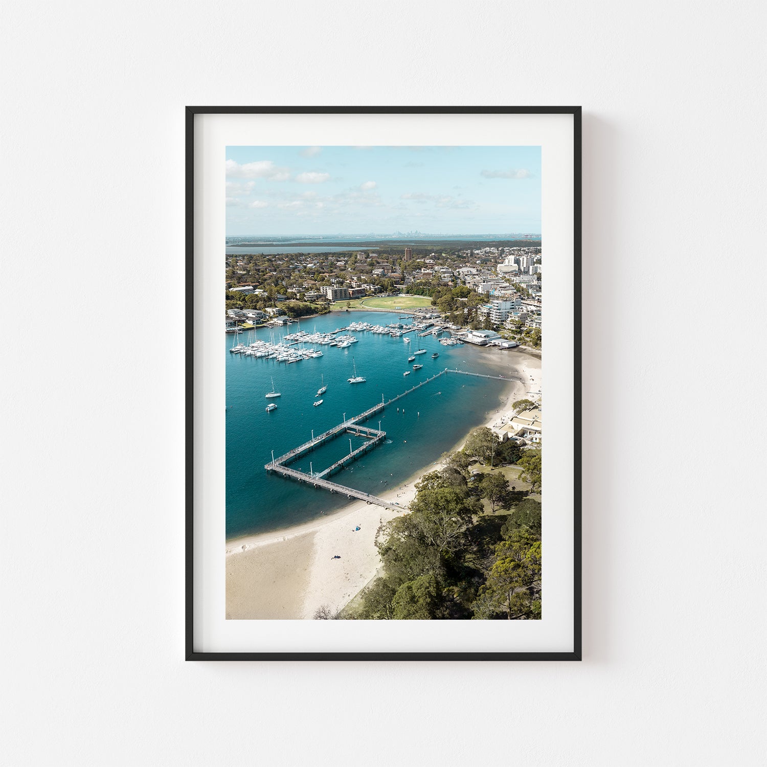Gunnamatta Bay ocean pool aerial view in black frame - coastal photography wall art
