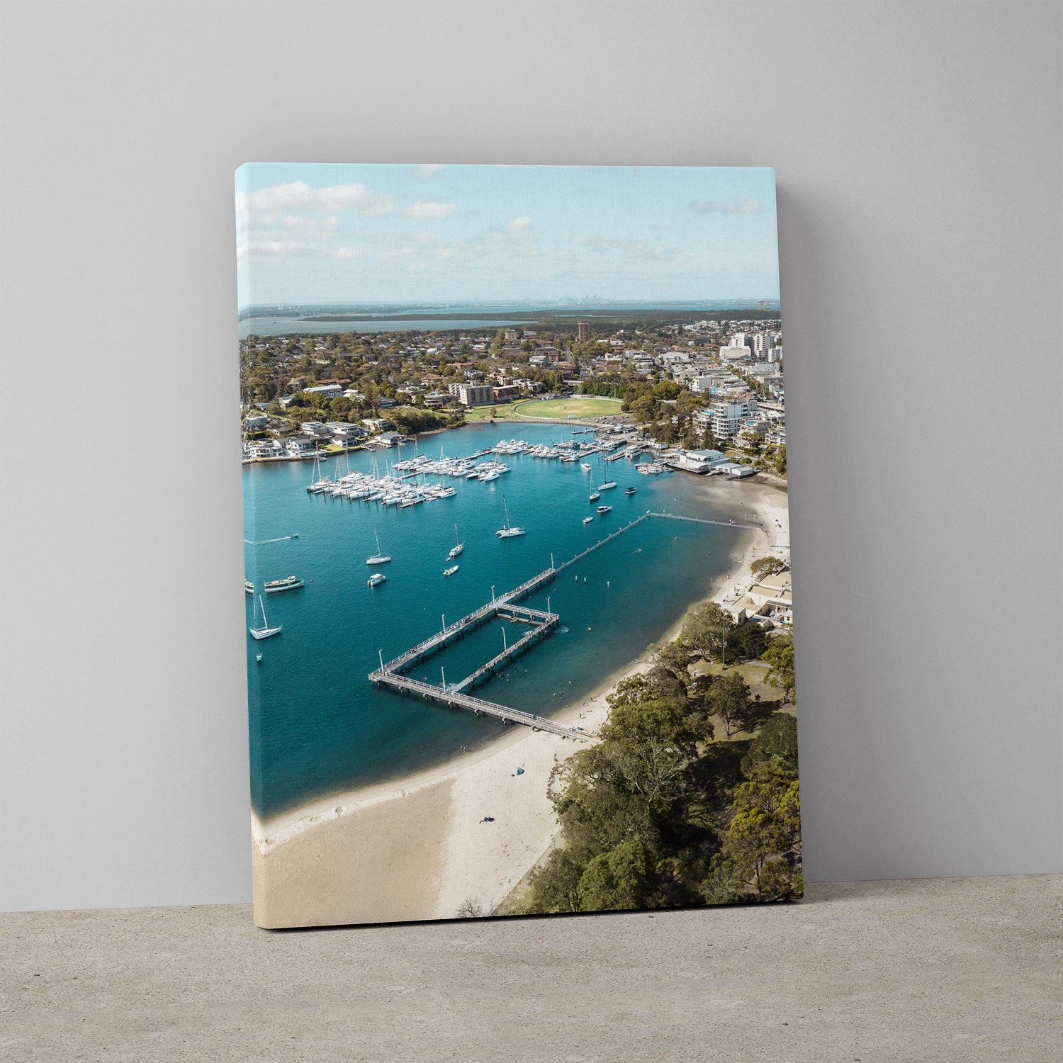 Gunnamatta Bay ocean pool aerial view in white frame - coastal photography wall art
