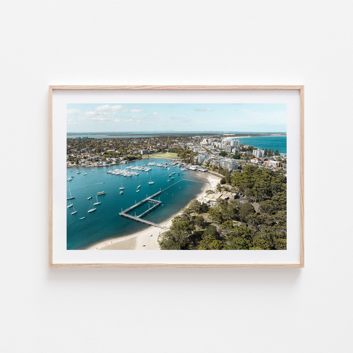 Gunnamatta Bay ocean pool aerial photograph in oak frame - coastal swimming pool wall art