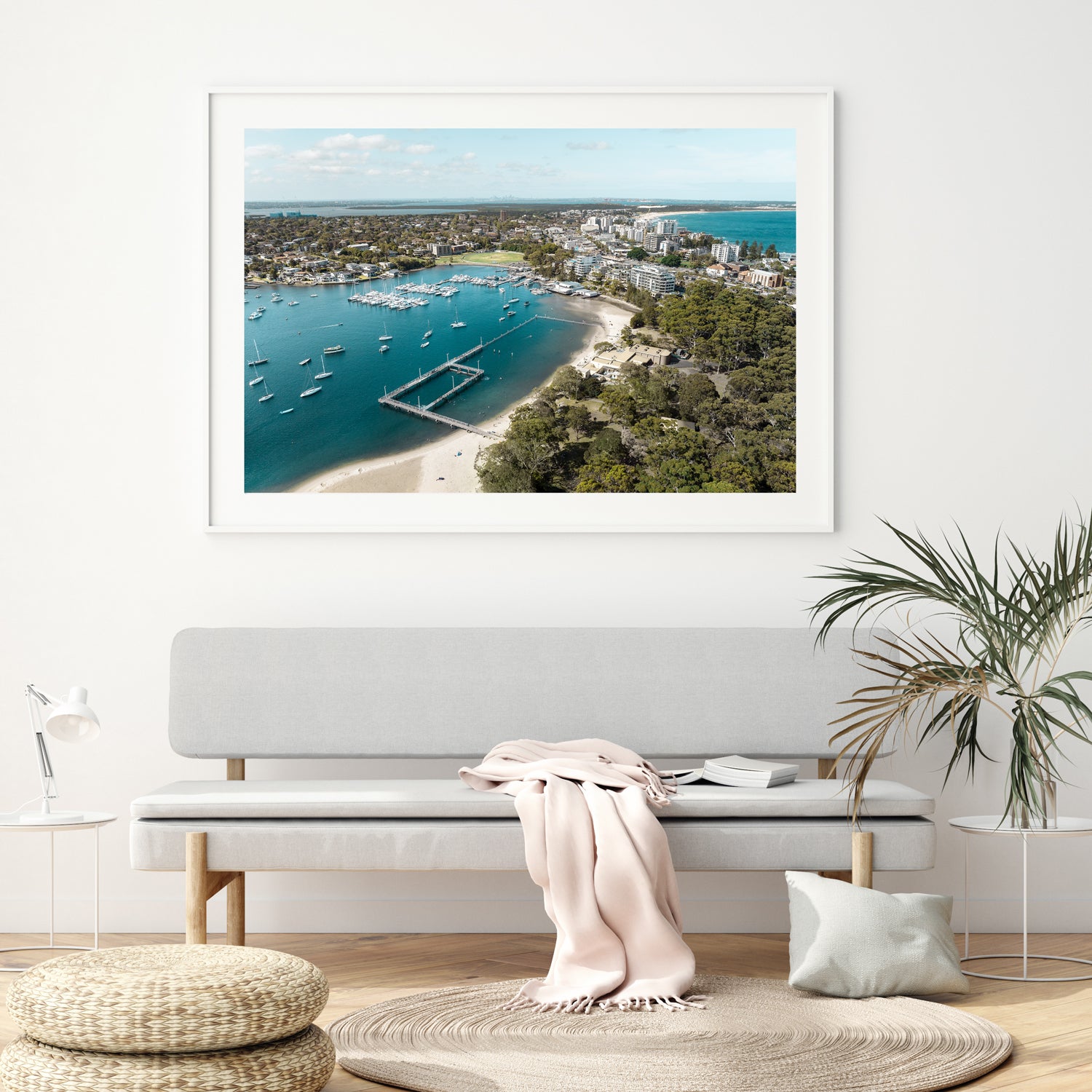 Gunnamatta Bay ocean pool aerial view in white frame - Sydney coastal photography wall art
