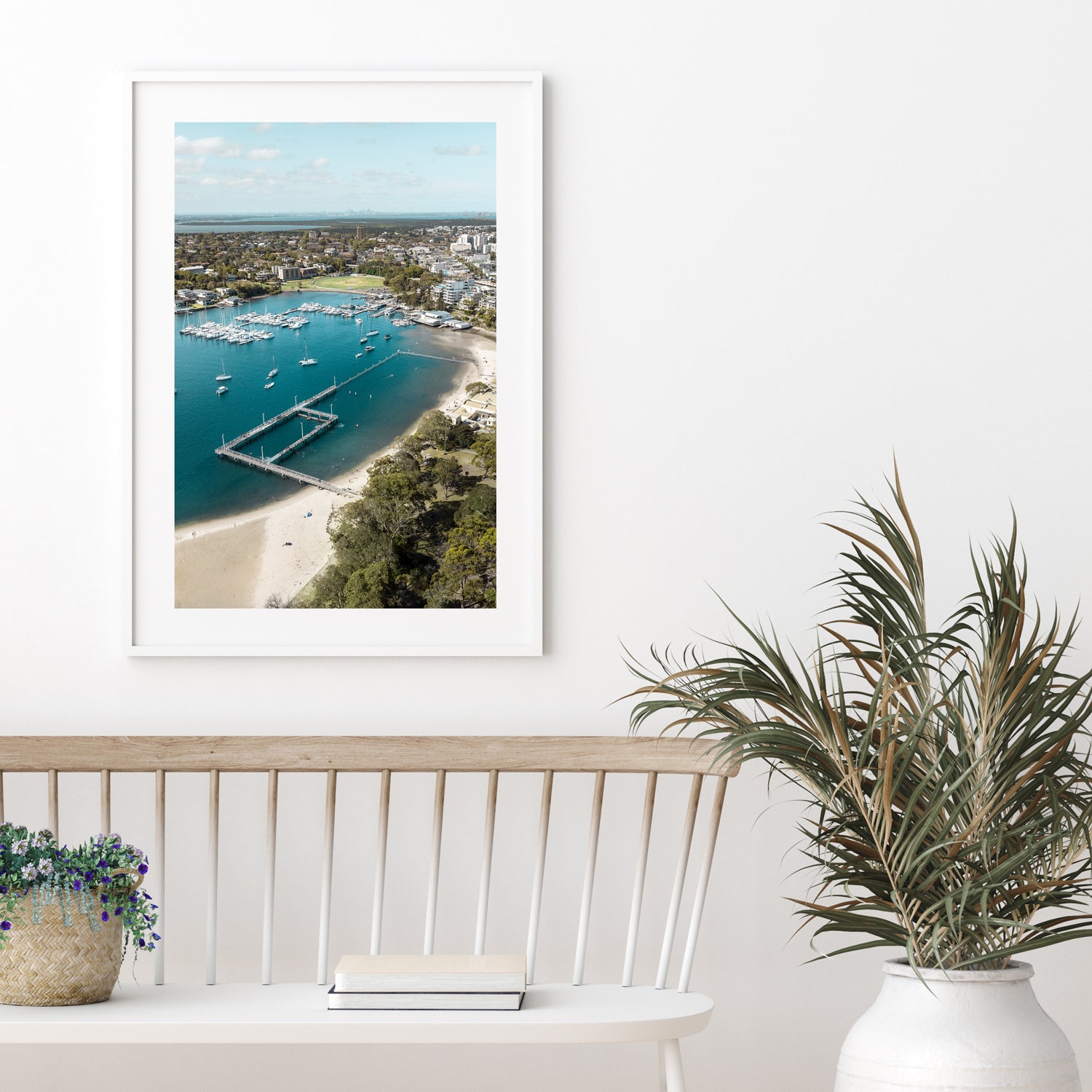 Gunnamatta Bay ocean baths aerial view in white frame - coastal swimming pool wall art