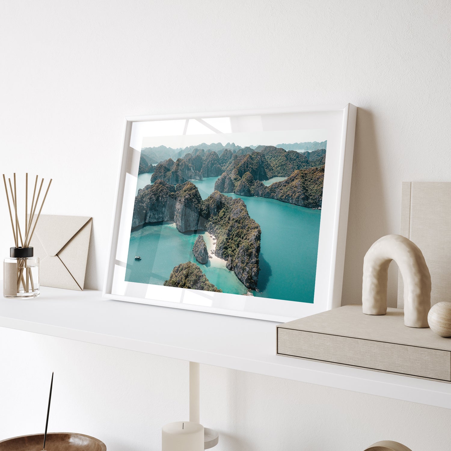 Ha Long Bay limestone islands aerial view in white frame - Vietnamese coastal wall art
