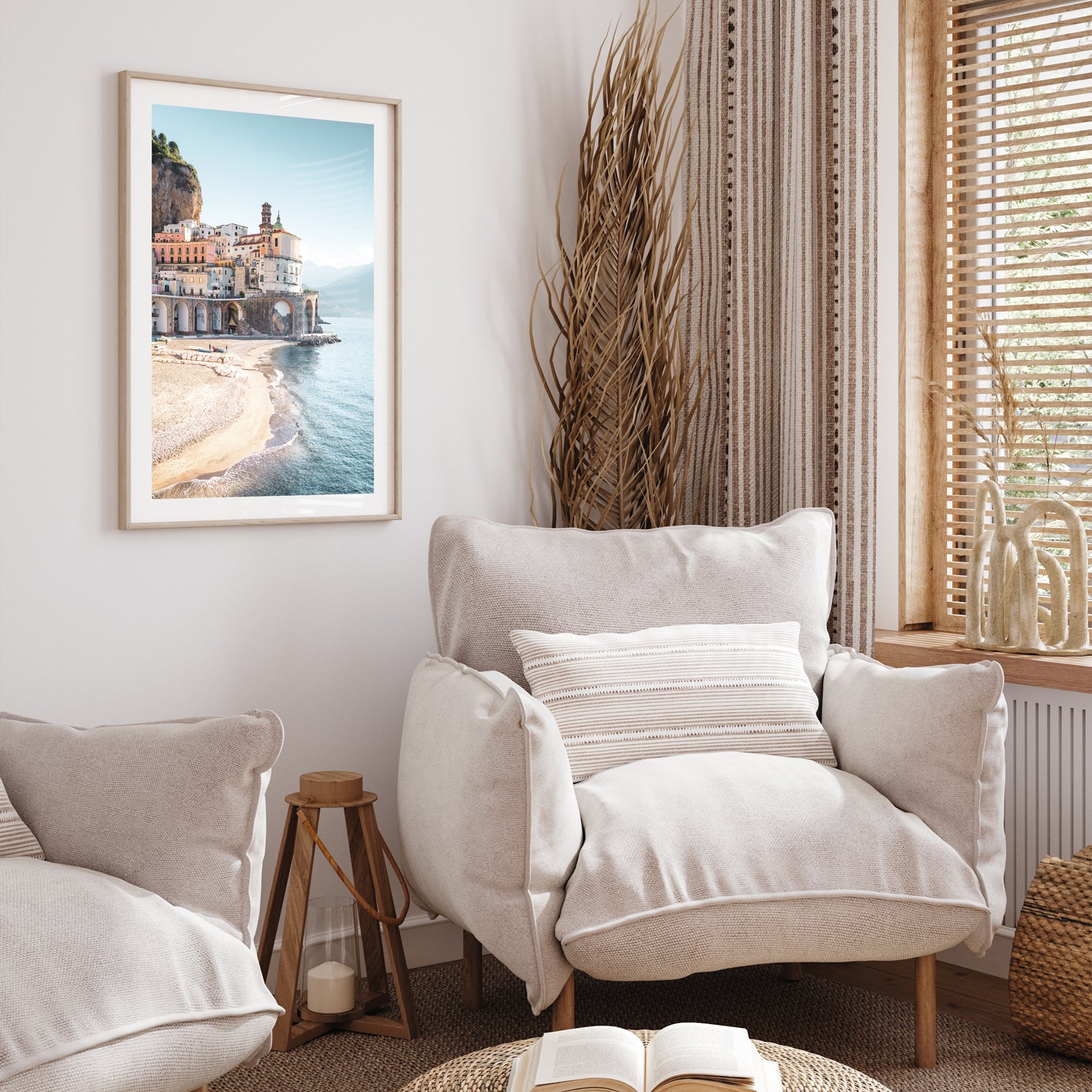 Amalfi Coast scenic landscape in oak frame - Mediterranean coastal photography wall art