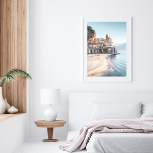 Amalfi Coast aerial view in white frame - Italian seascape wall art for coastal homes