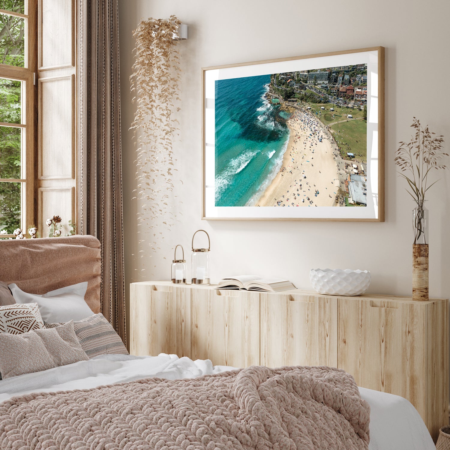 Bronte ocean pool swimmers in full swing - aerial photograph in oak frame coastal wall art