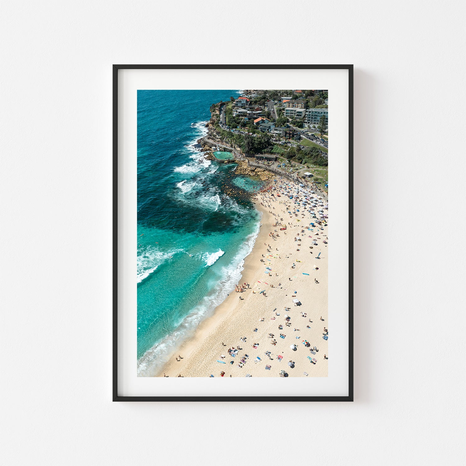 Bronte swimmers in full swing aerial view - framed coastal photography wall art