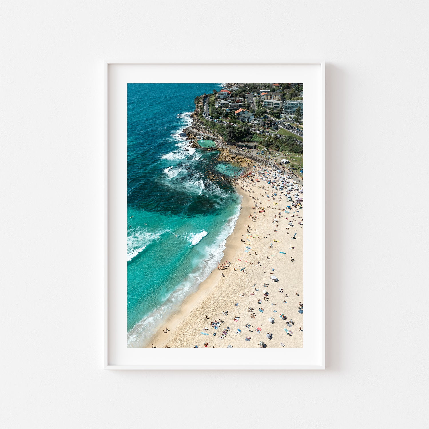 Bronte swimmers in full swing - aerial ocean pool photograph in white frame - coastal