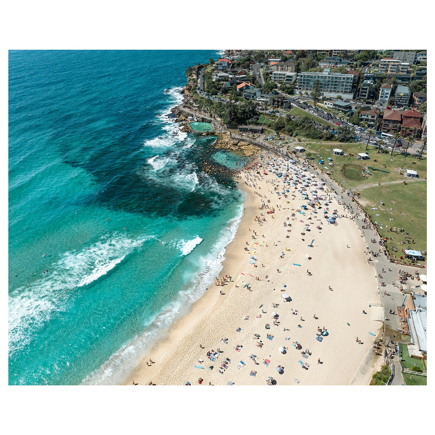 Bronte ocean pool swimmers in full swing - aerial coastal photography wall art