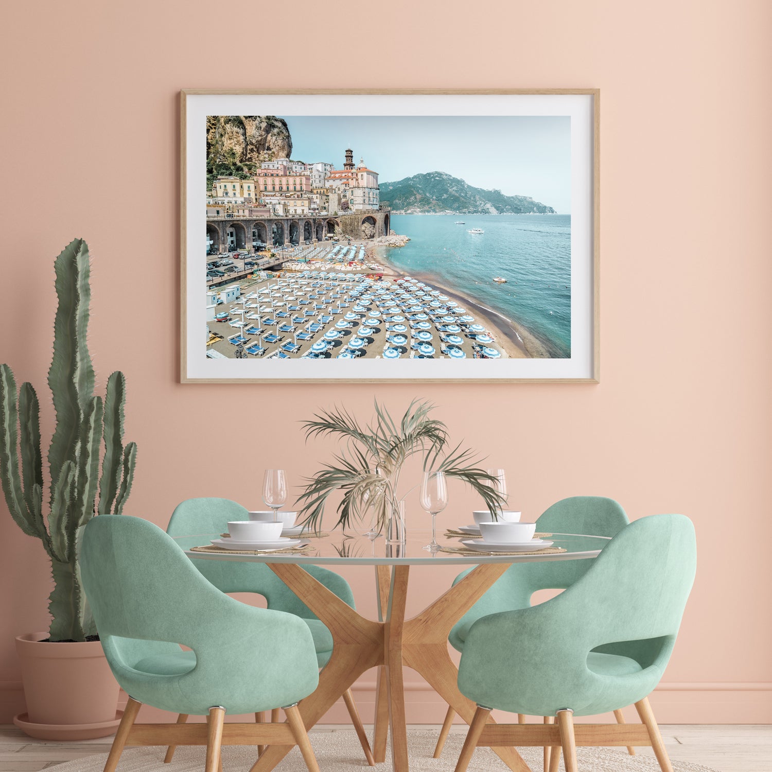 Amalfi Coast Italian summer landscape in oak frame - Mediterranean coastal wall art