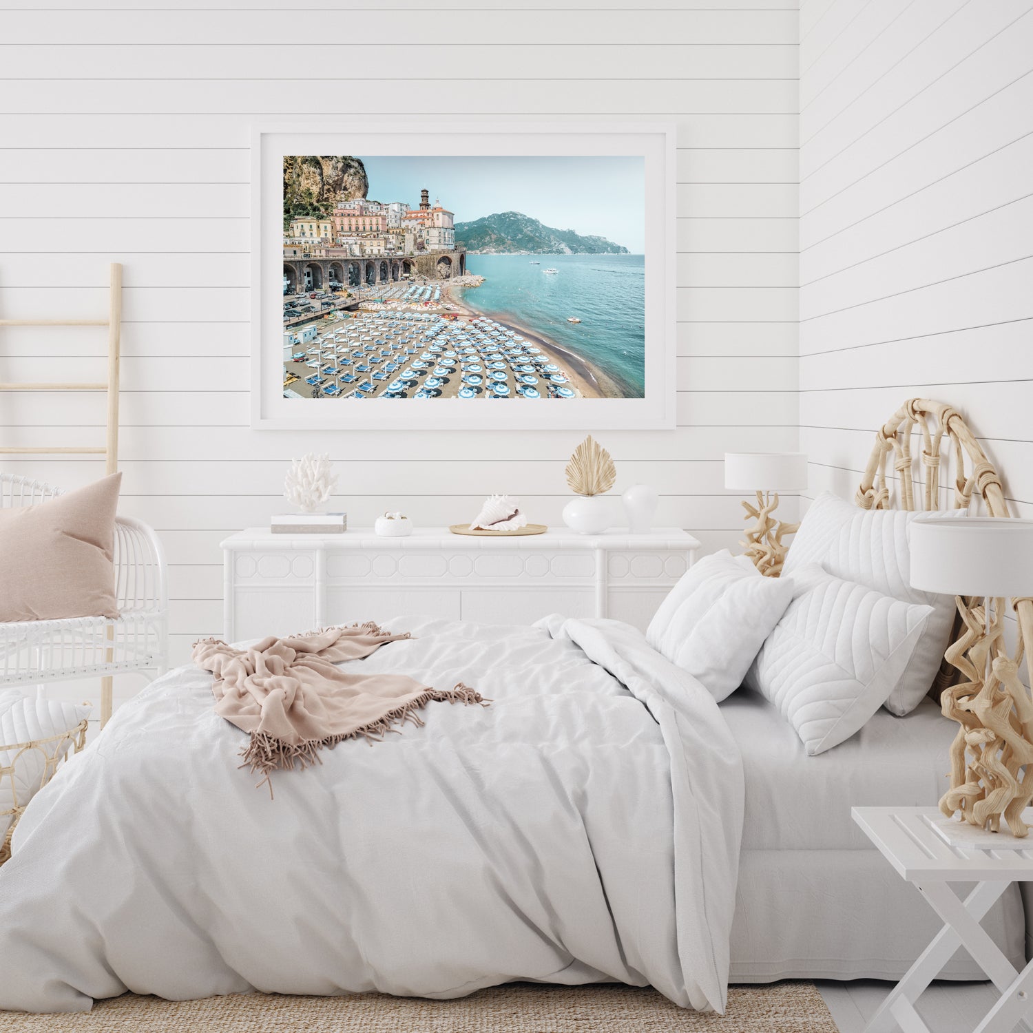 Amalfi Coast Italian summer landscape in white frame - Mediterranean coastal wall art