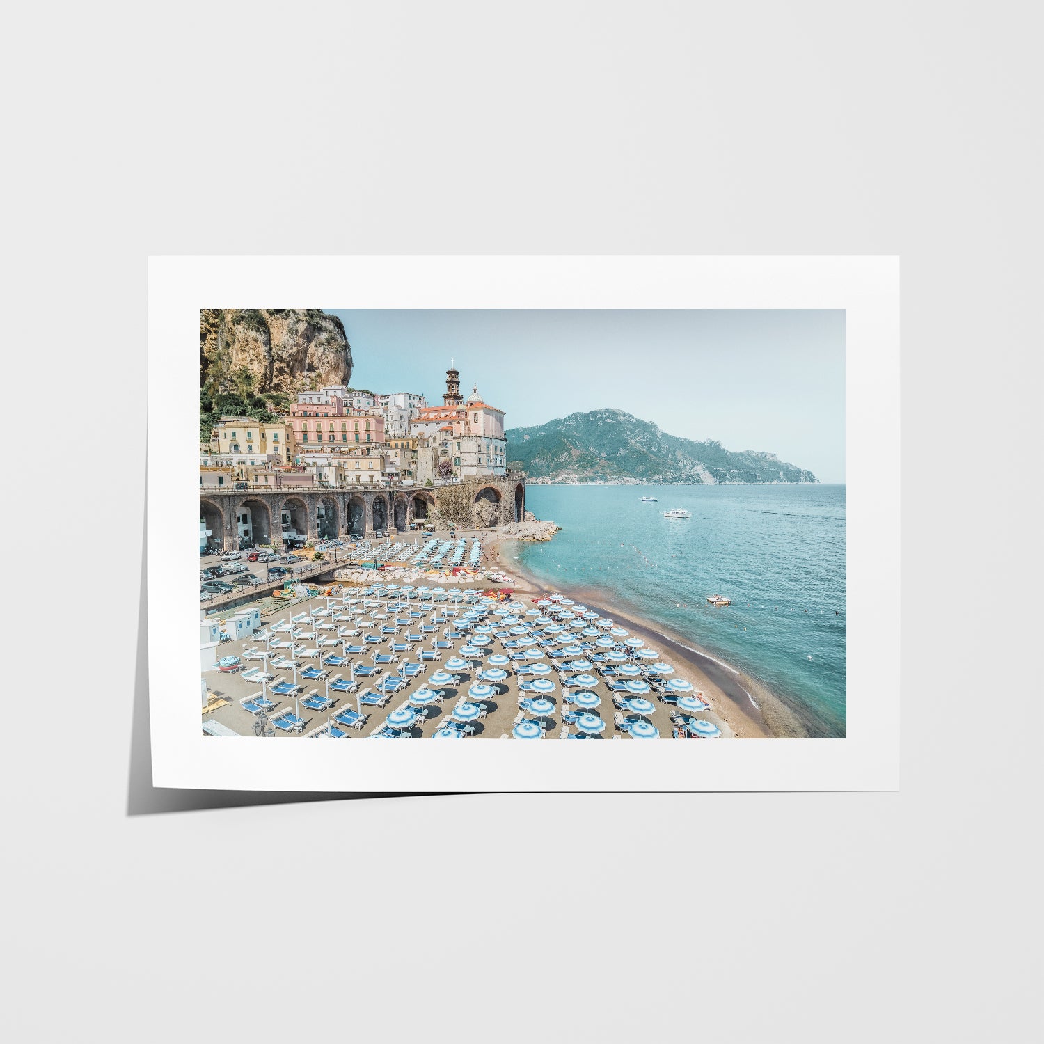 Amalfi Coast Italian summer landscape in white frame - Mediterranean coastal wall art