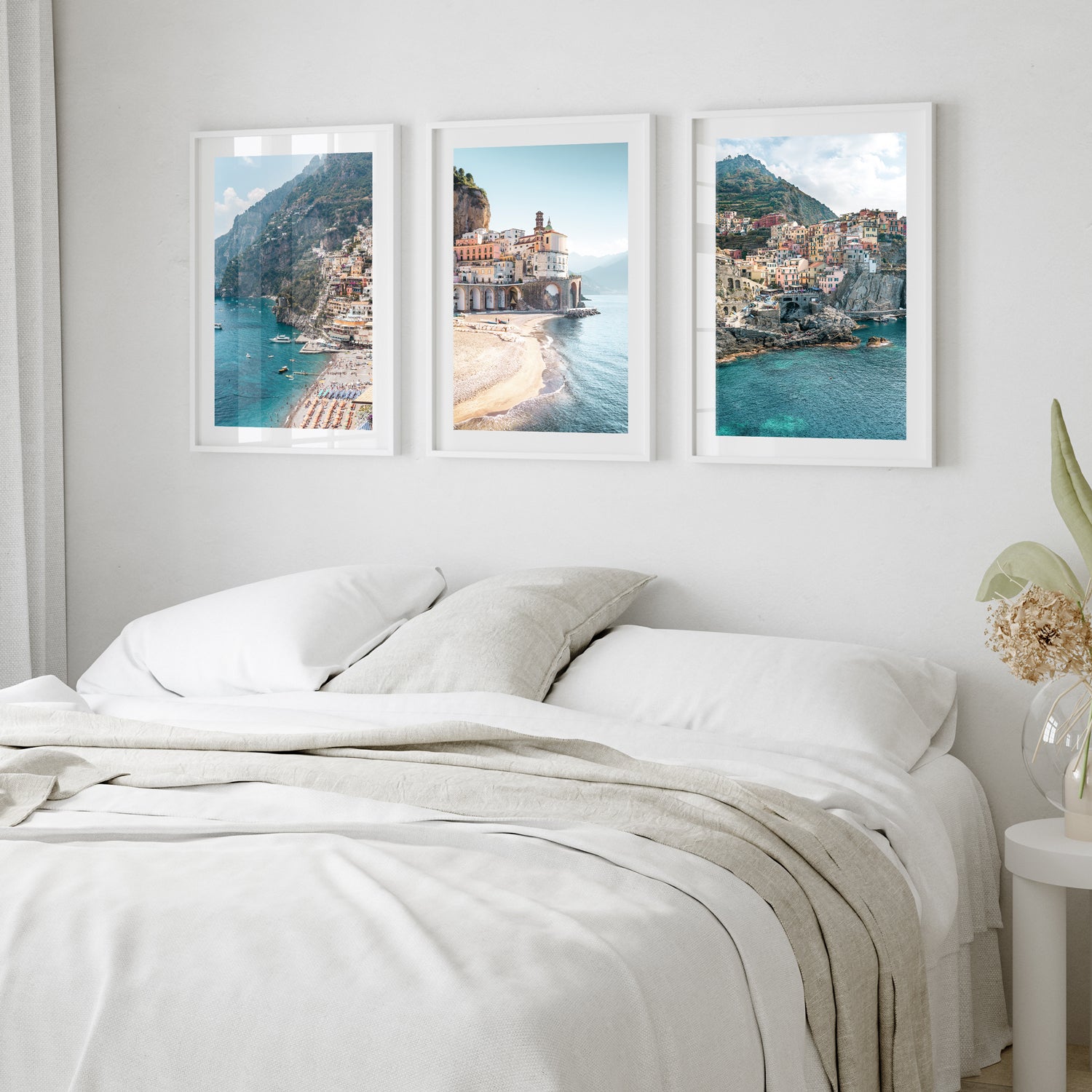 Cinque Terre Italian coastal village in white frame - Mediterranean landscape wall art