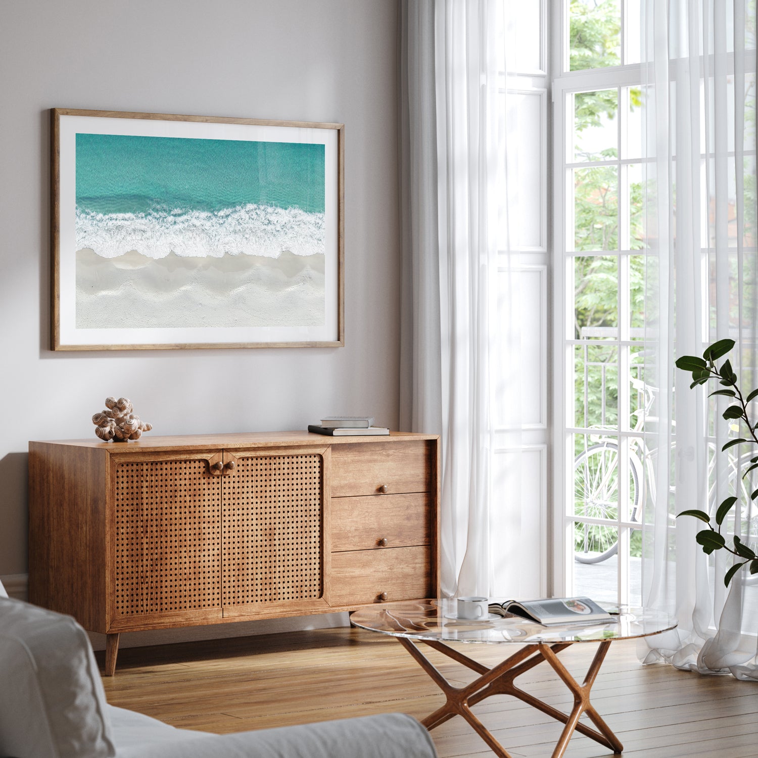 Hyams Beach layers aerial view in oak frame - coastal seascape wall art for modern homes