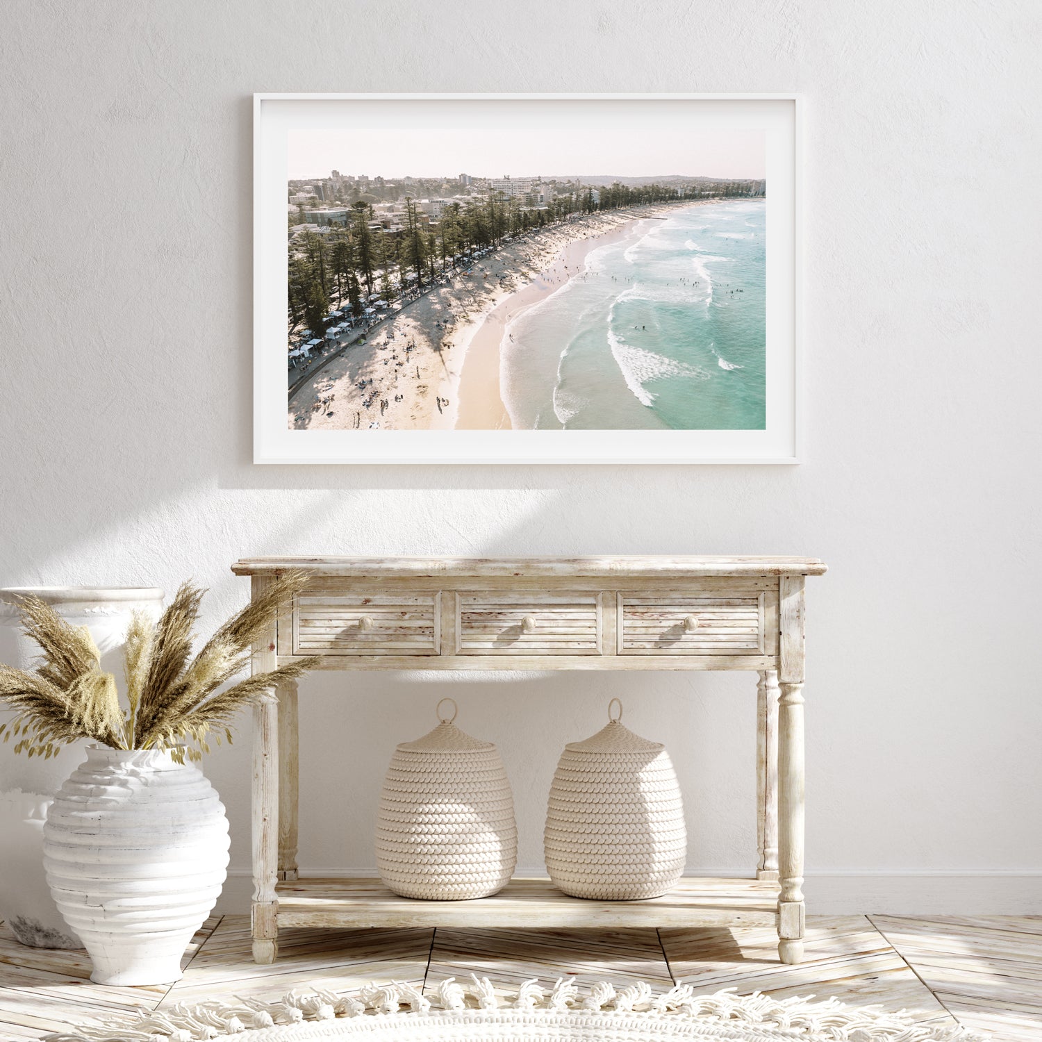Manly Beach coastal seascape in white frame - modern Australian beach wall art