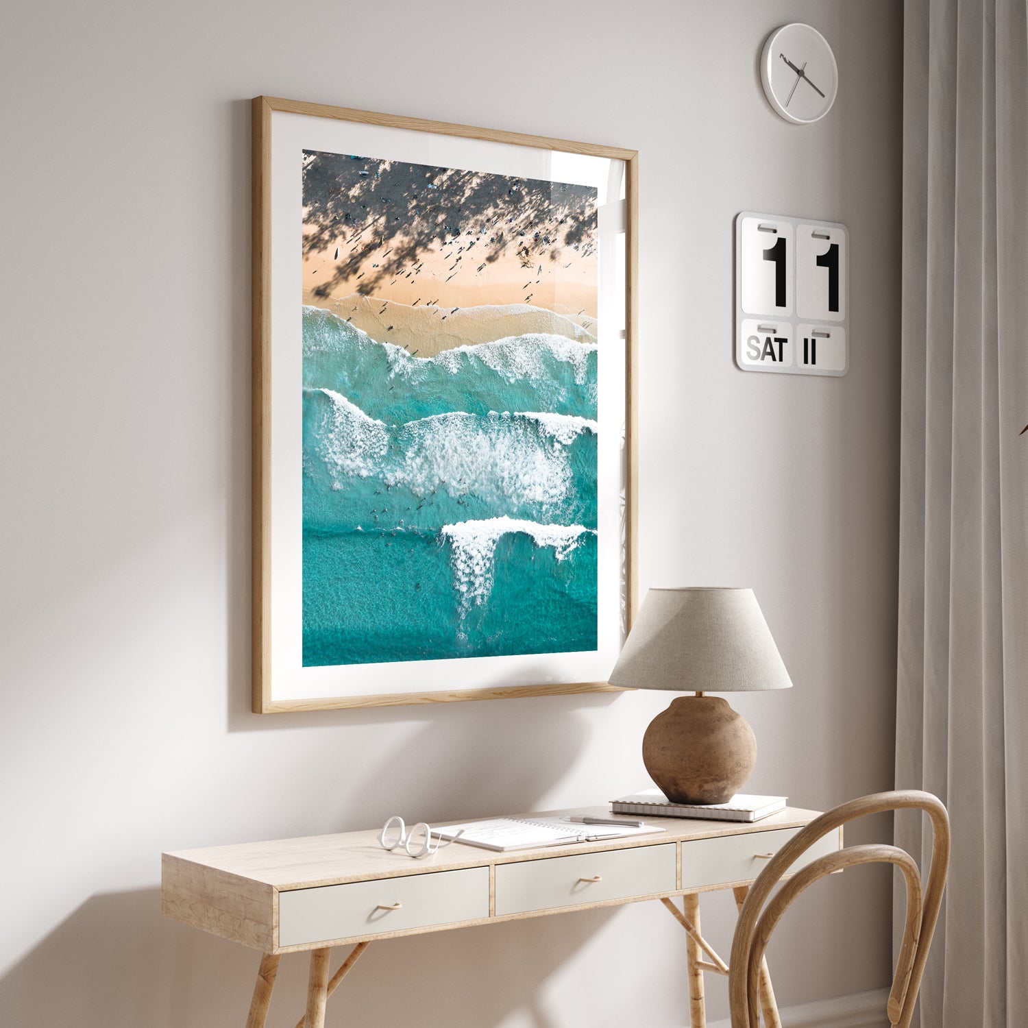 Manly Beach waves crashing seascape in oak frame - coastal photography wall art