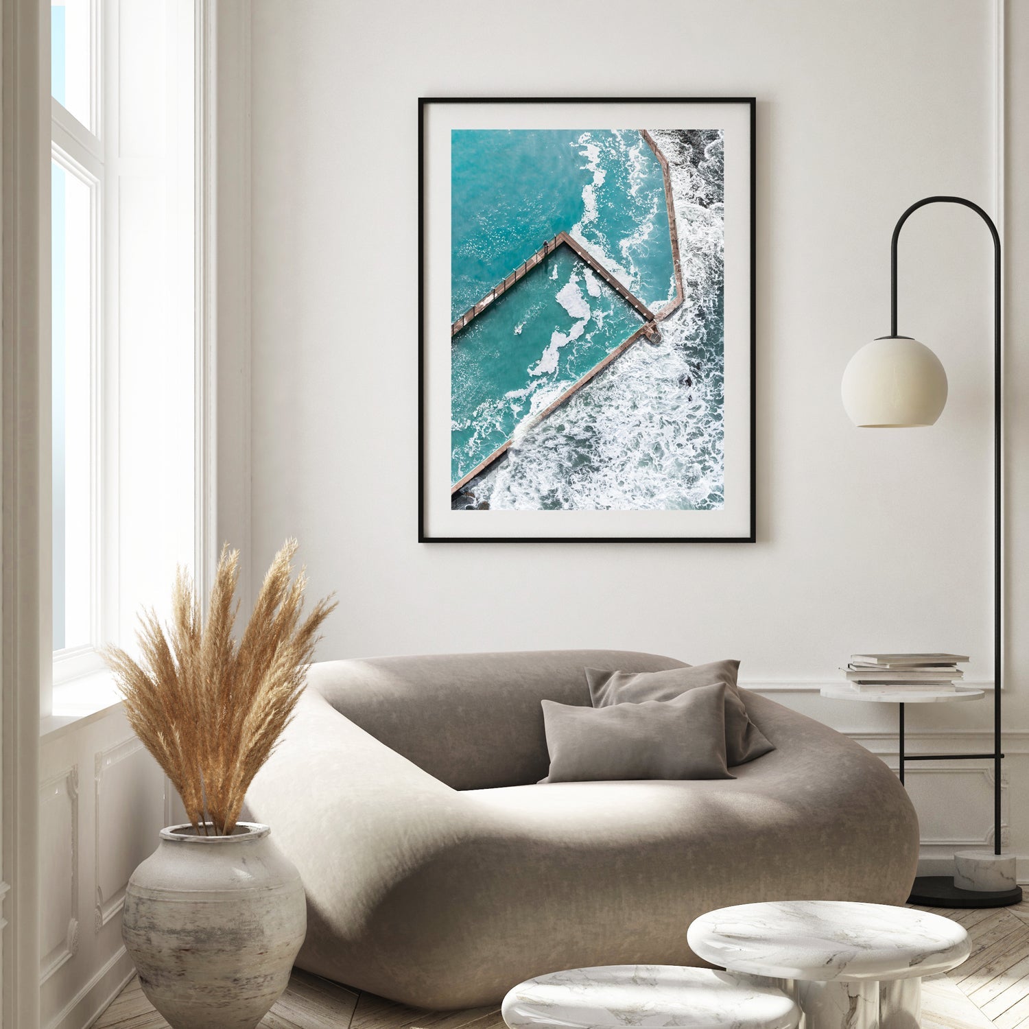 Minimalistic Narrabeen Rock Pool Corner Large Black Frame Artwork 