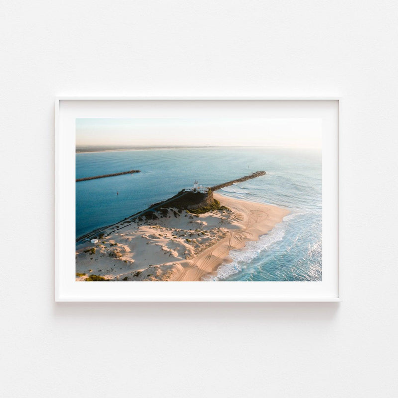Nobbys Lighthouse Art Print-Print-Small-White Frame-Landscape-Through Our Lens