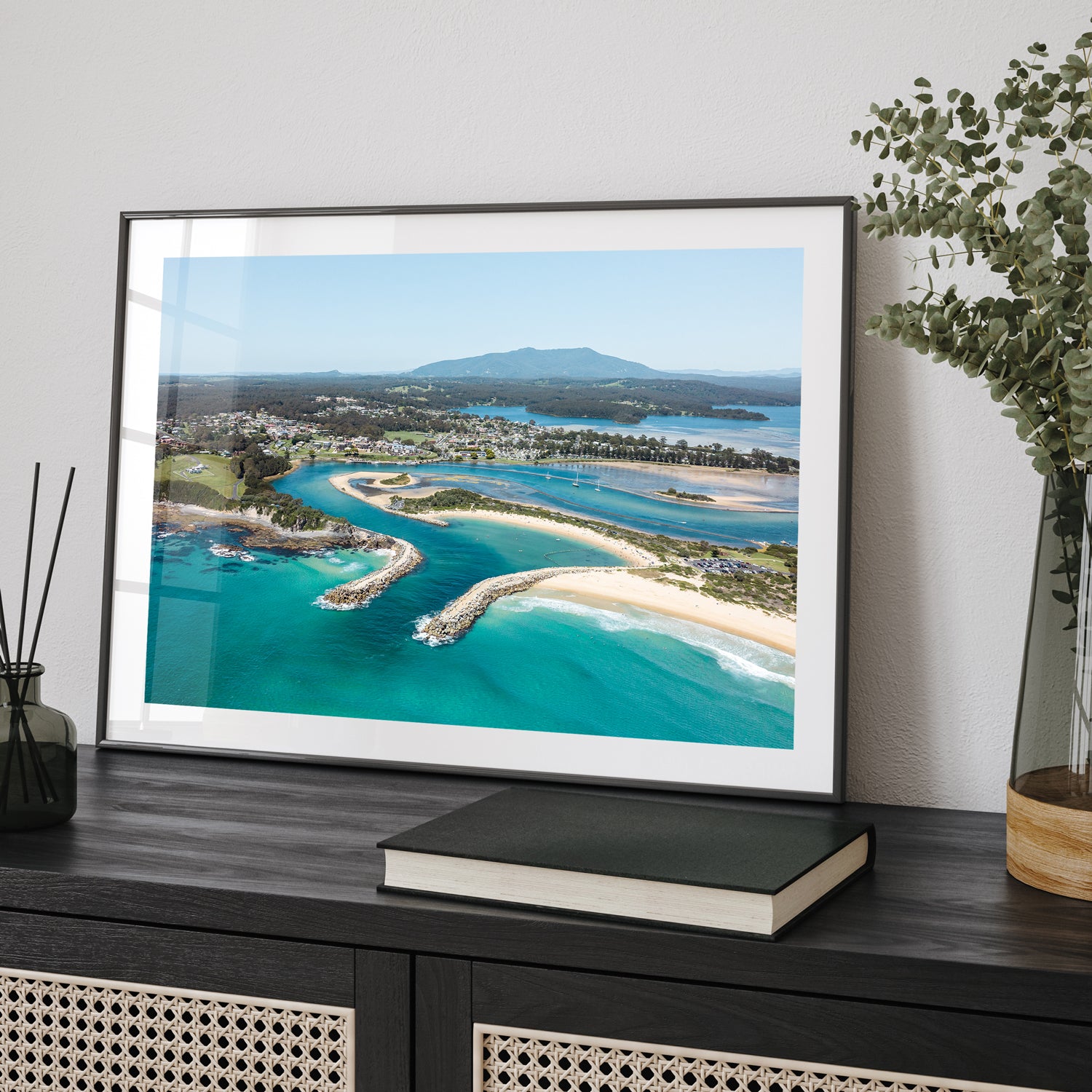Narooma coastal seascape in black frame - aerial landscape photography wall art