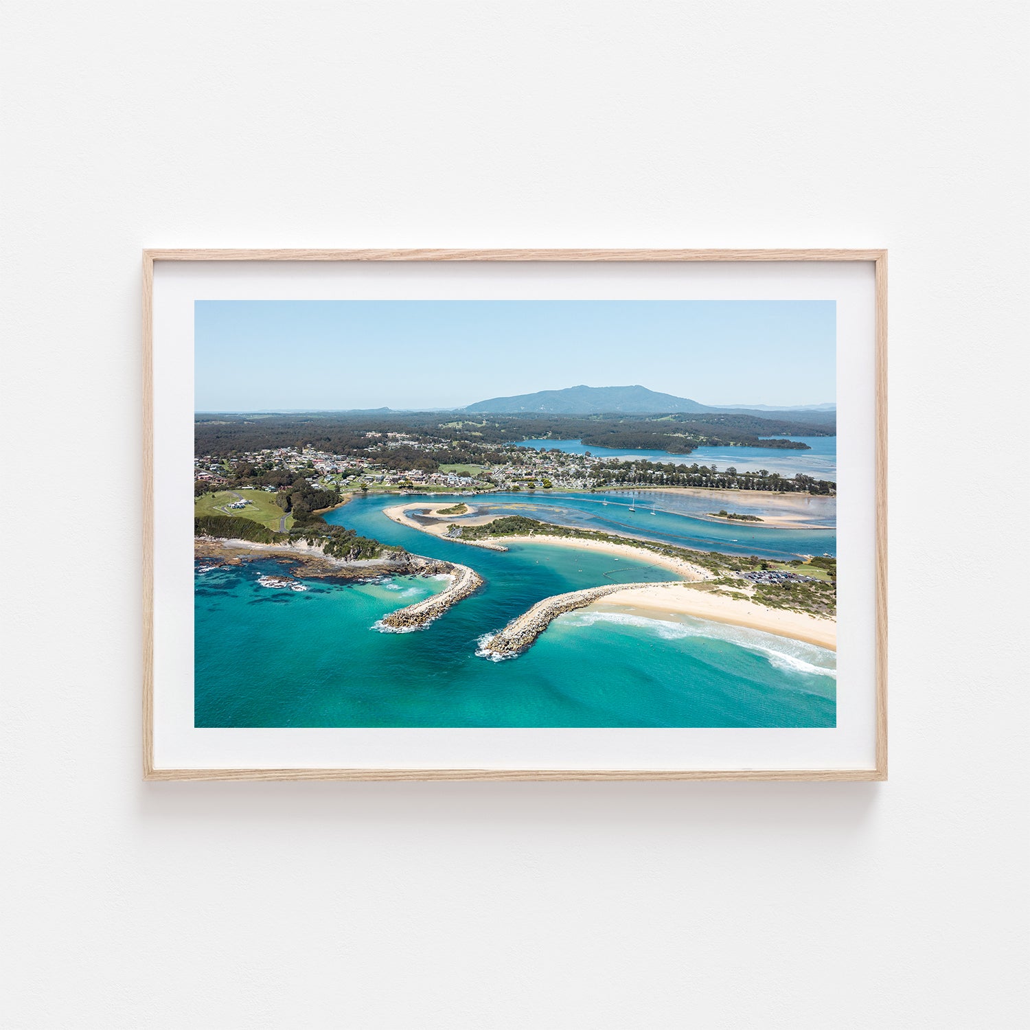 Narooma aerial seascape in oak frame - coastal photography wall art for modern homes