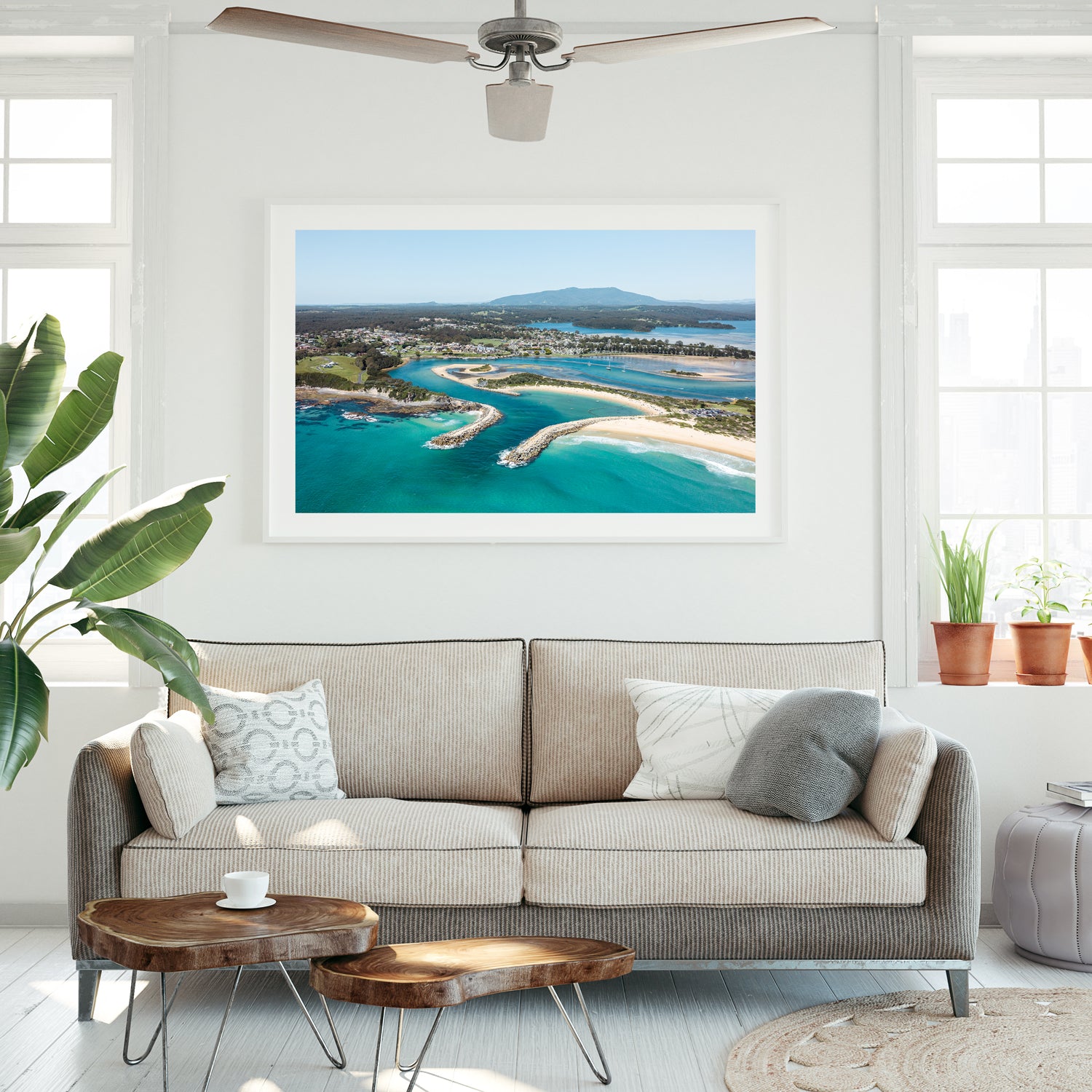 Narooma aerial coastal landscape in white frame - Australian seascape photography wall art