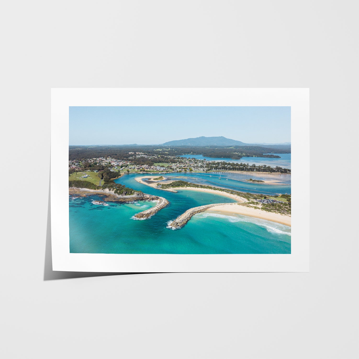 Narooma aerial seascape in white frame - coastal photography wall art for modern homes