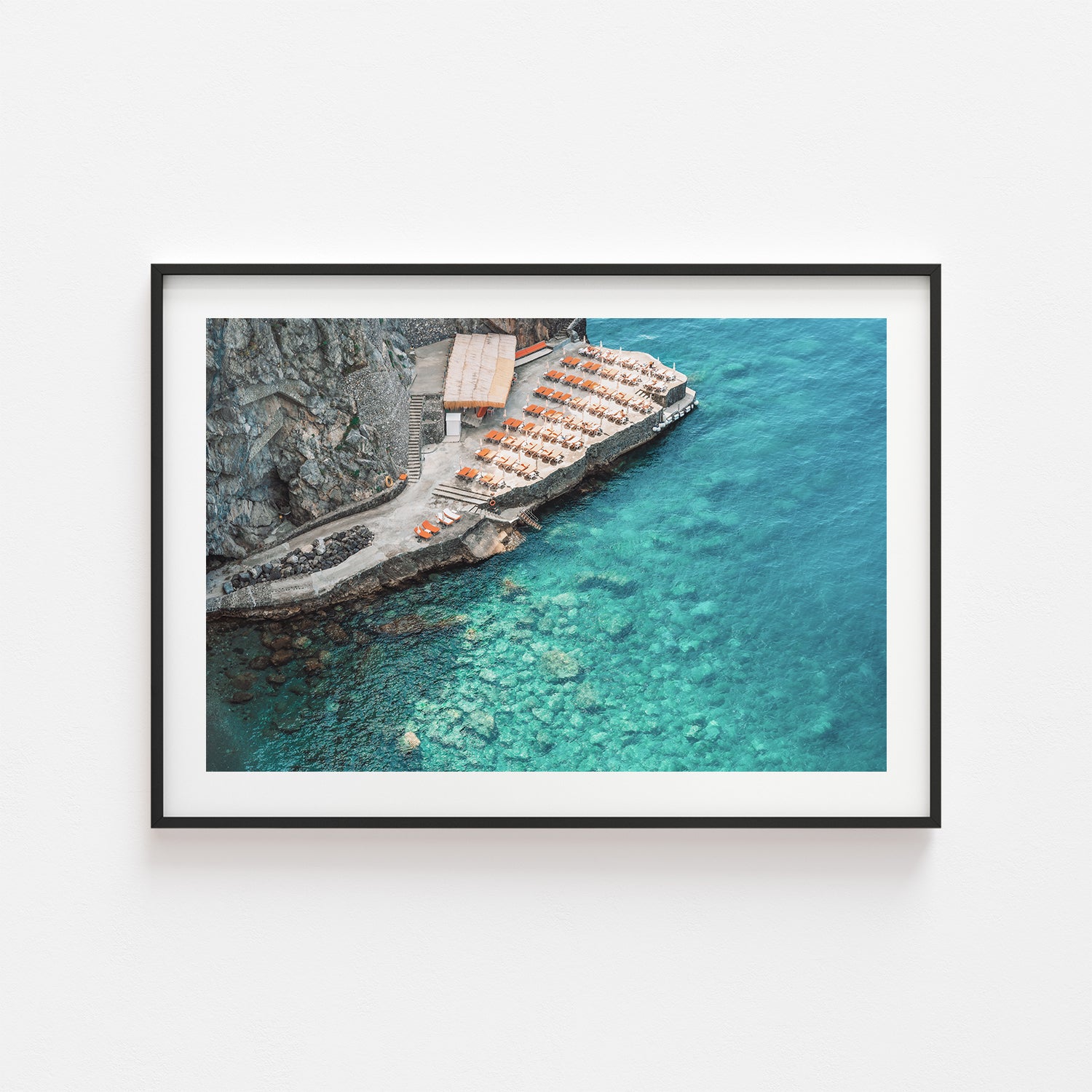 Positano coastal village aerial view in black frame - Italian Riviera landscape wall art