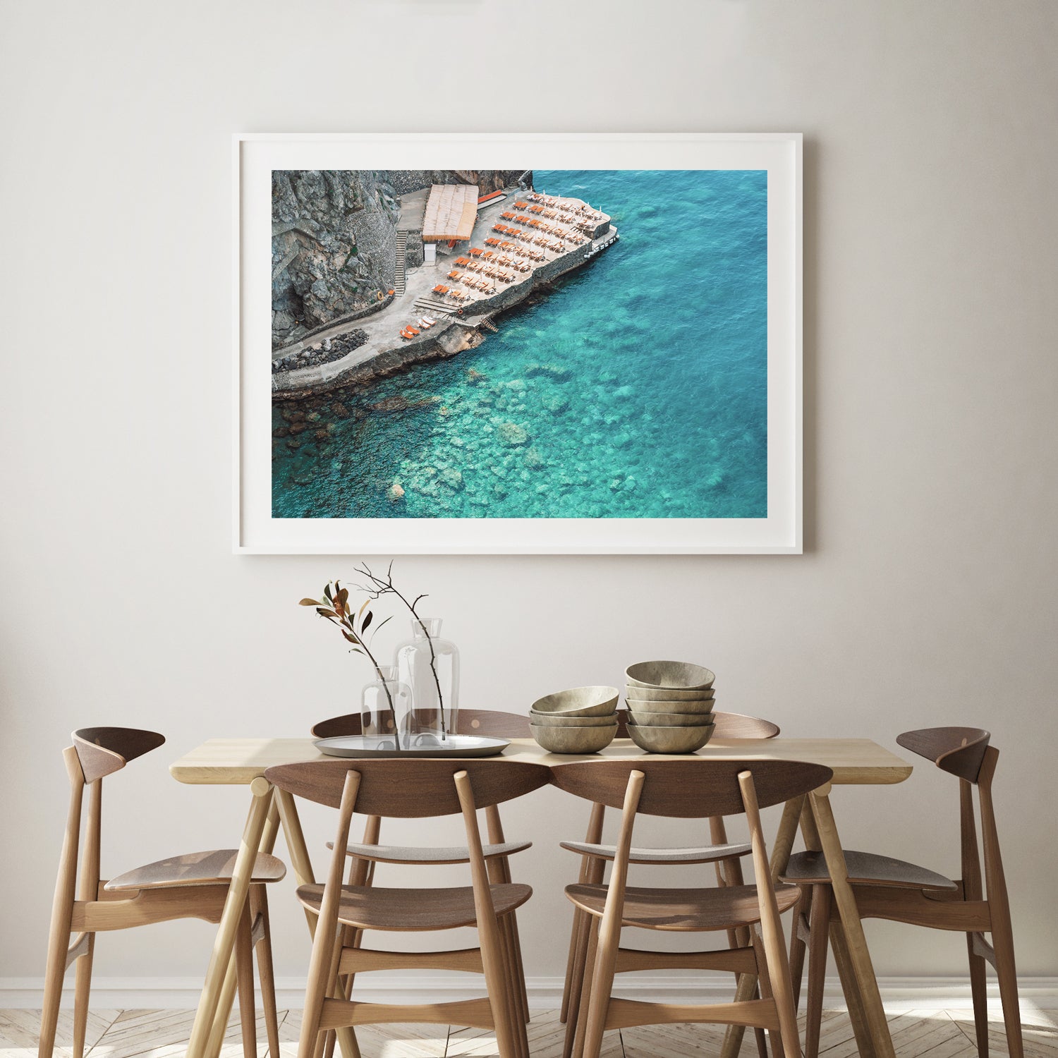 Positano coastal village landscape in white frame - Italian Riviera travel wall art