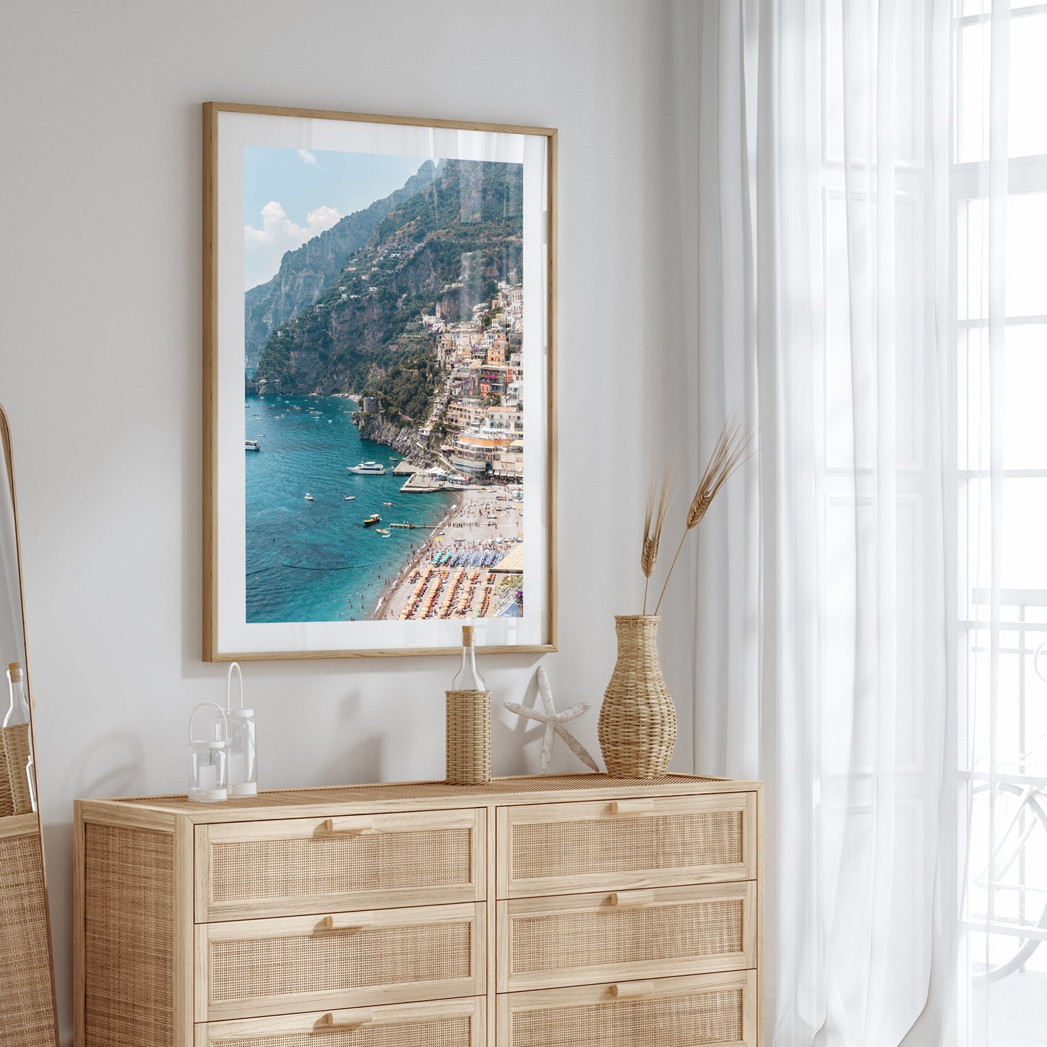 Positano Italy coastal landscape in oak frame - Mediterranean seaside village wall art