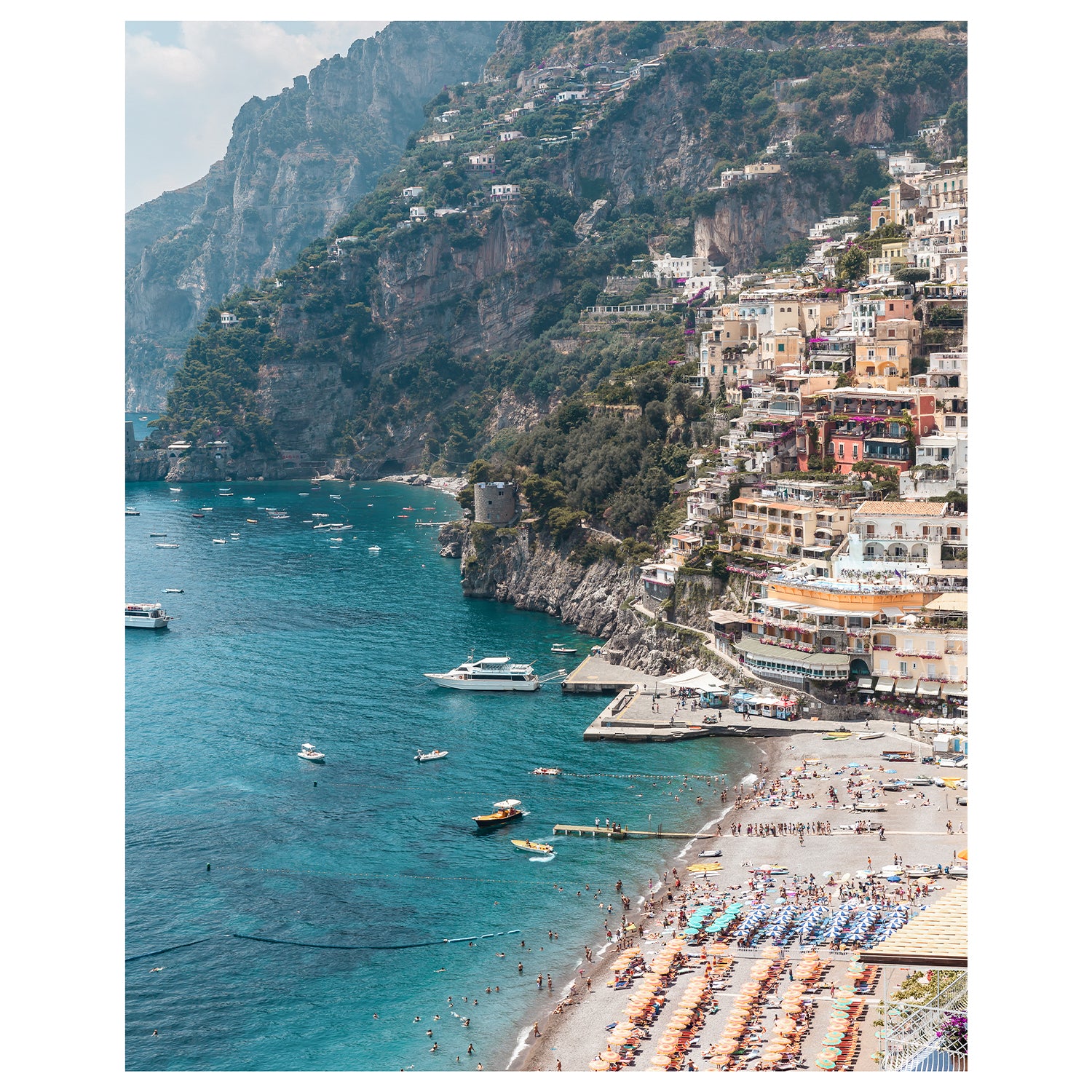 Positano Italy coastal village aerial view - Mediterranean postcard art print, unframed