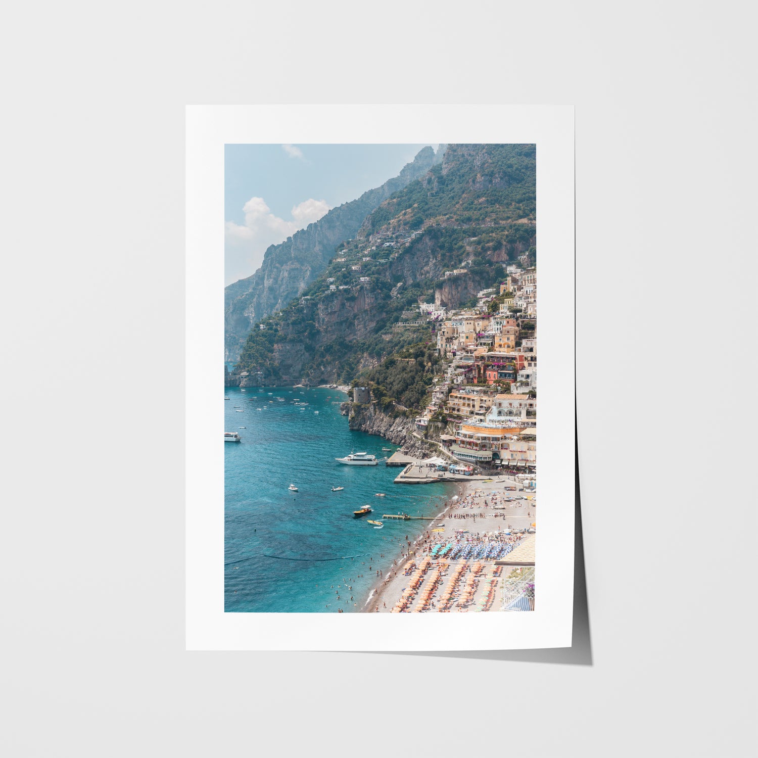 Positano Italy coastal village in white frame - Mediterranean landscape wall art for