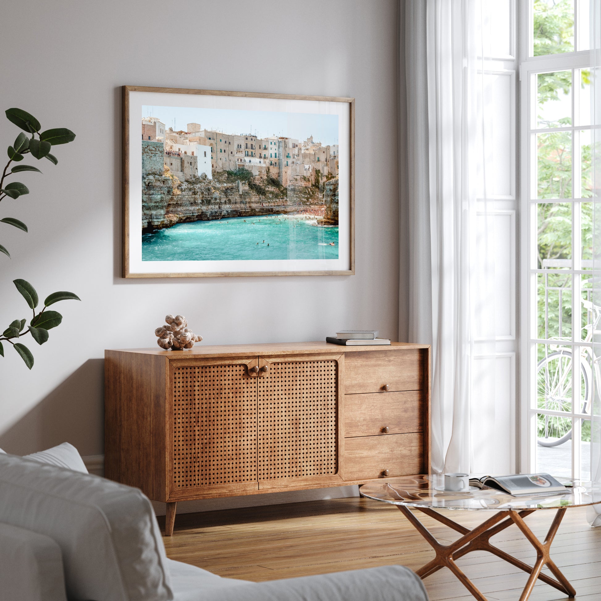 Puglia coastline landscape in oak frame - Mediterranean beach wall art for coastal homes