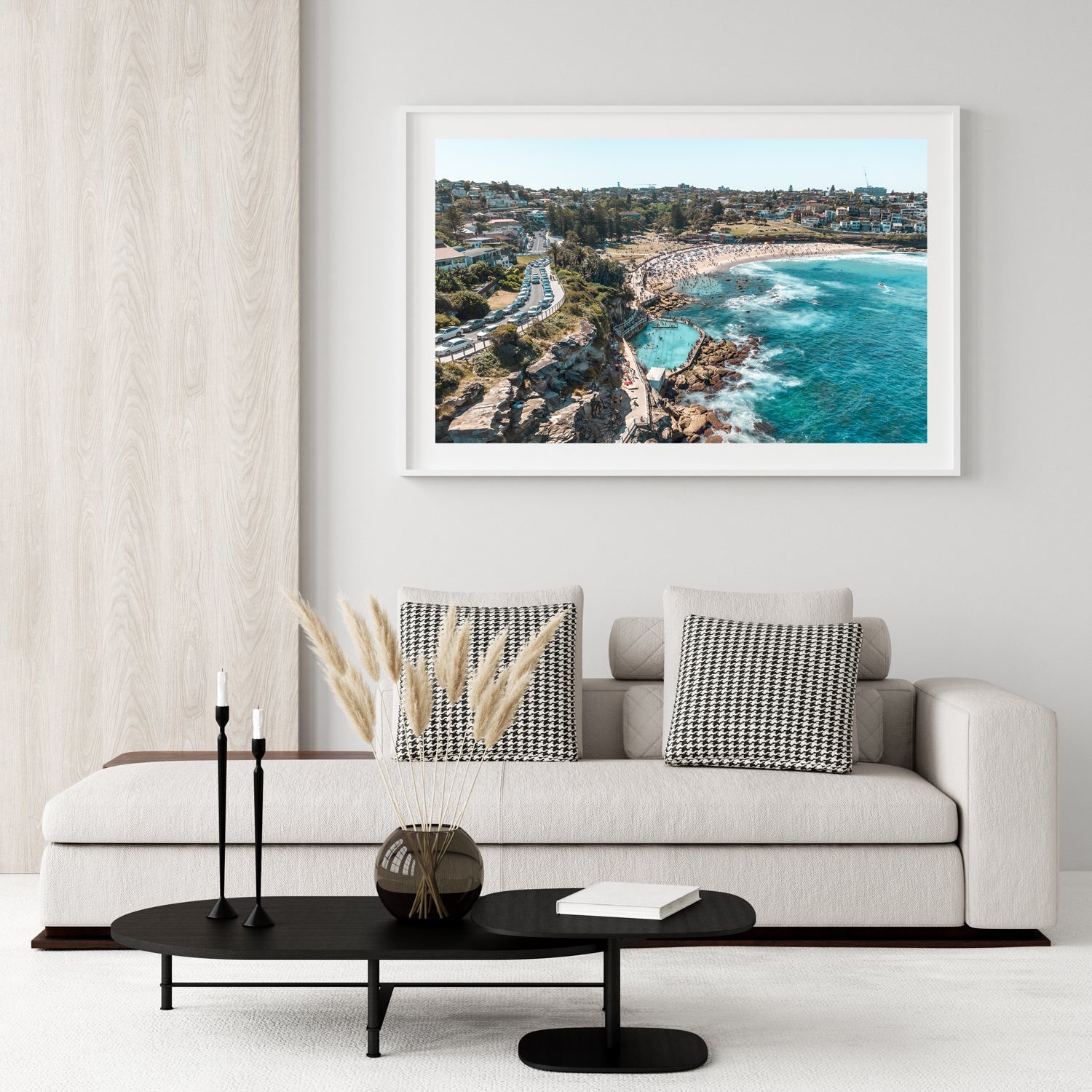 Bronte beach aerial swimmers in white frame - coastal summer wall art for modern homes