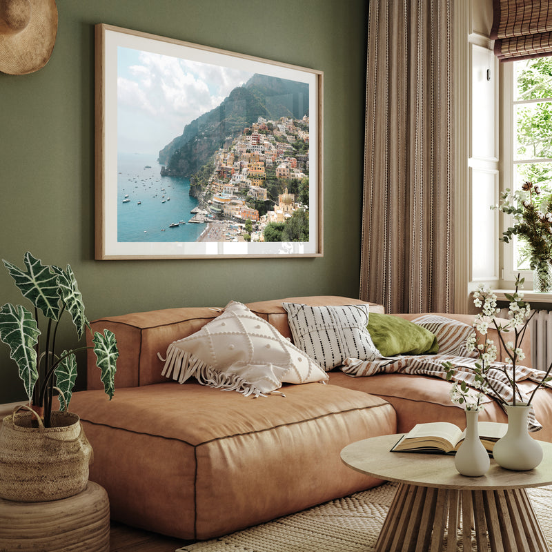 Scenic Positano coastal landscape in oak frame - Mediterranean seaside wall art