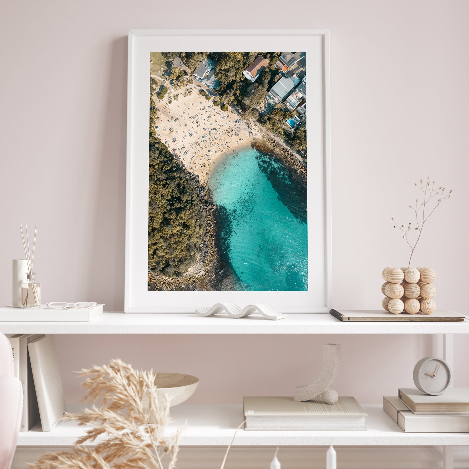 Shelly coastal seascape in white frame - beach photography wall art for coastal homes