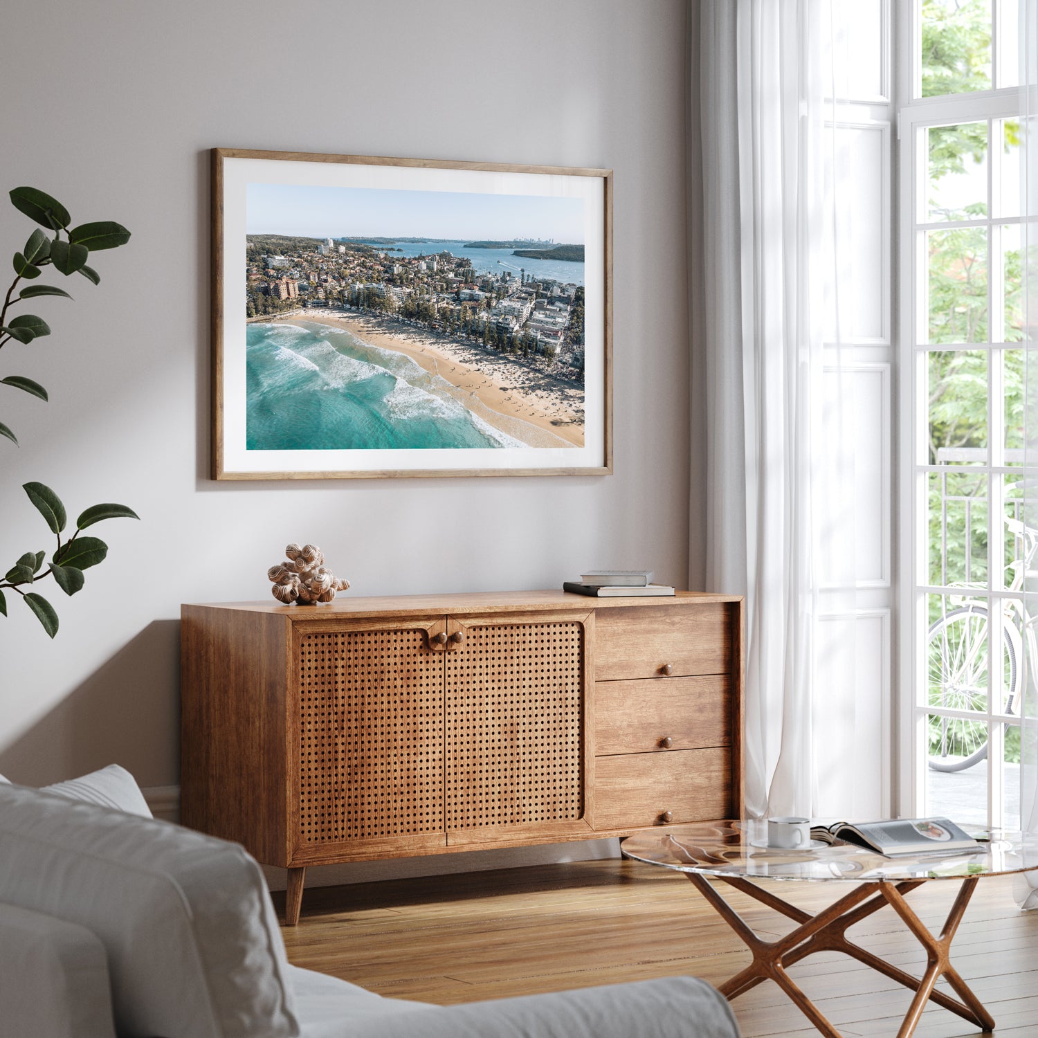 Manly coastal landscape in oak frame - spring beach photography wall art for modern homes