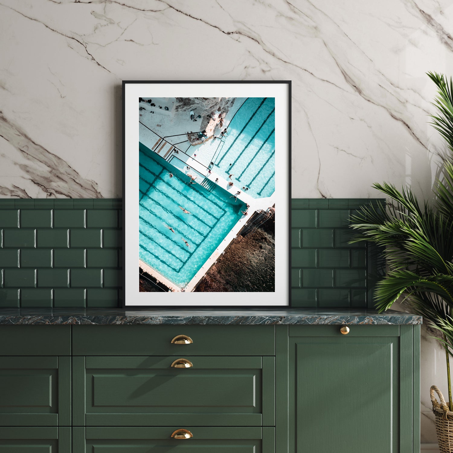 Bondi Beach sunny spot aerial view in black frame - coastal beach photography wall art