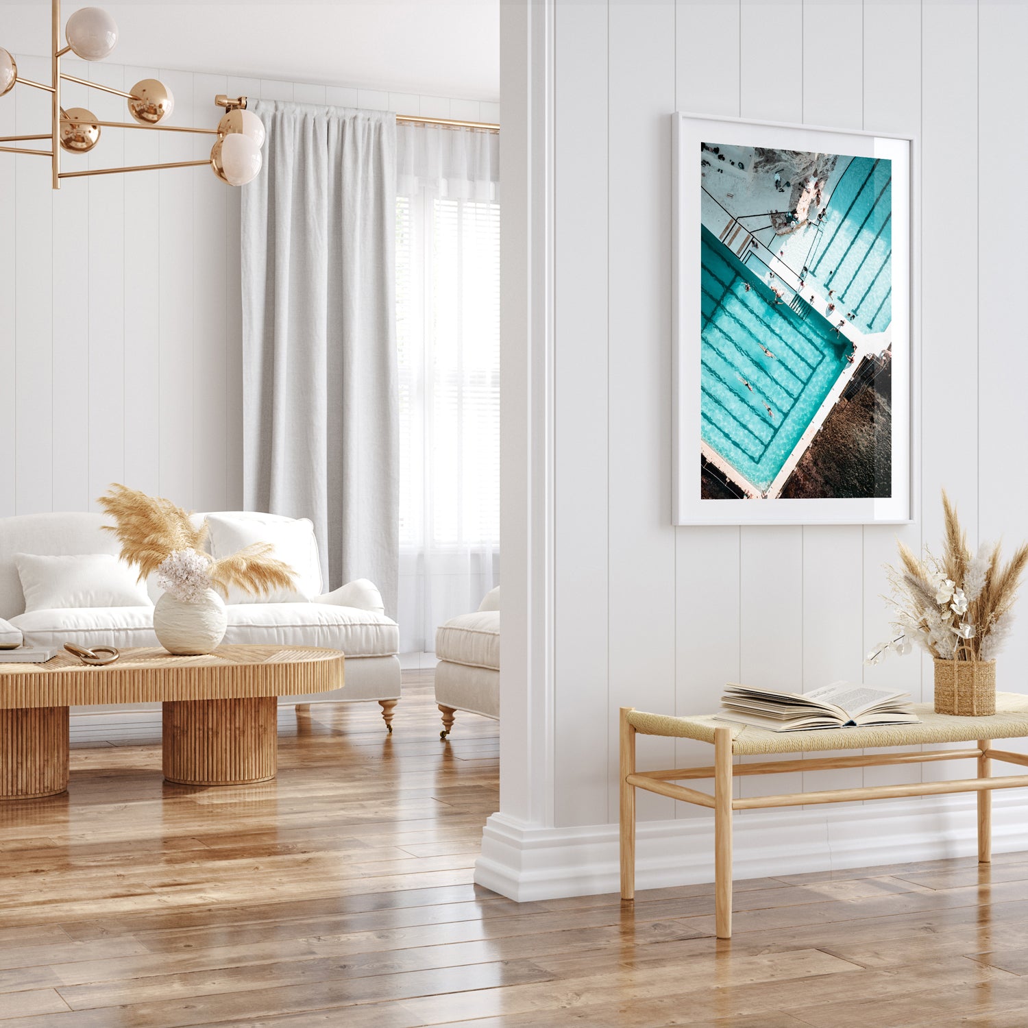 Bondi sun-drenched beach spot in white frame - Sydney coastal photography wall art
