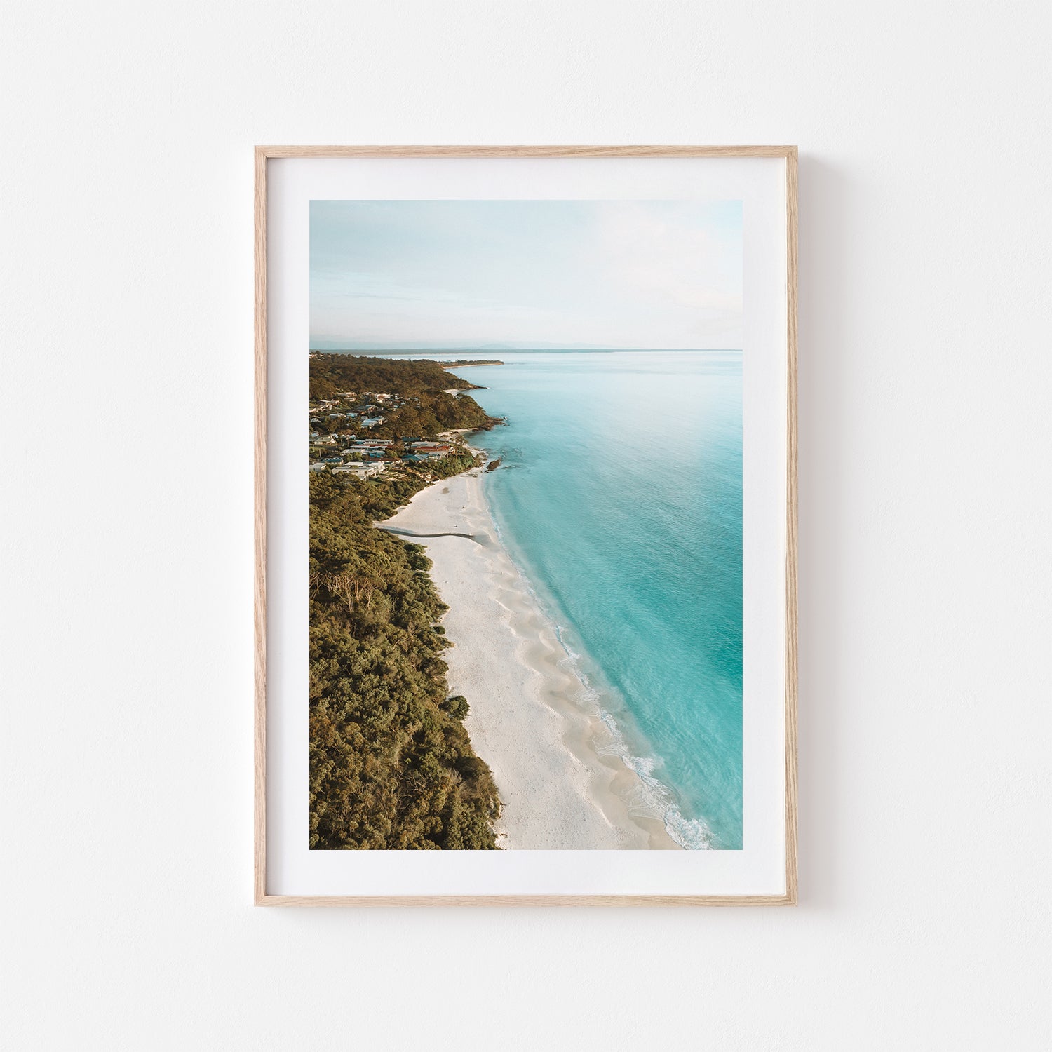 Hyams Beach sunrise seascape in oak frame - coastal photography wall art