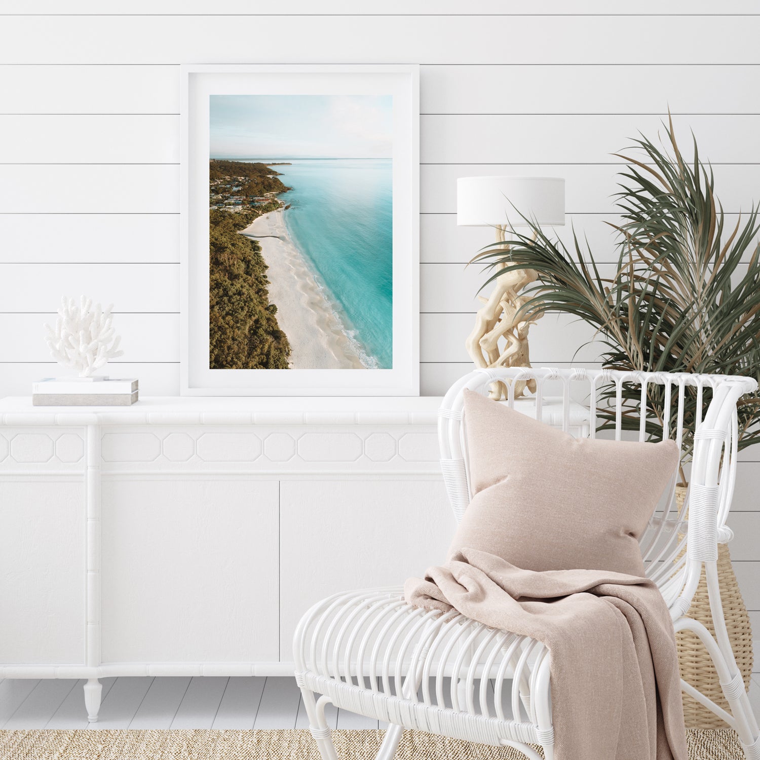 Hyams Beach sunrise seascape in white frame - coastal wall art for modern homes
