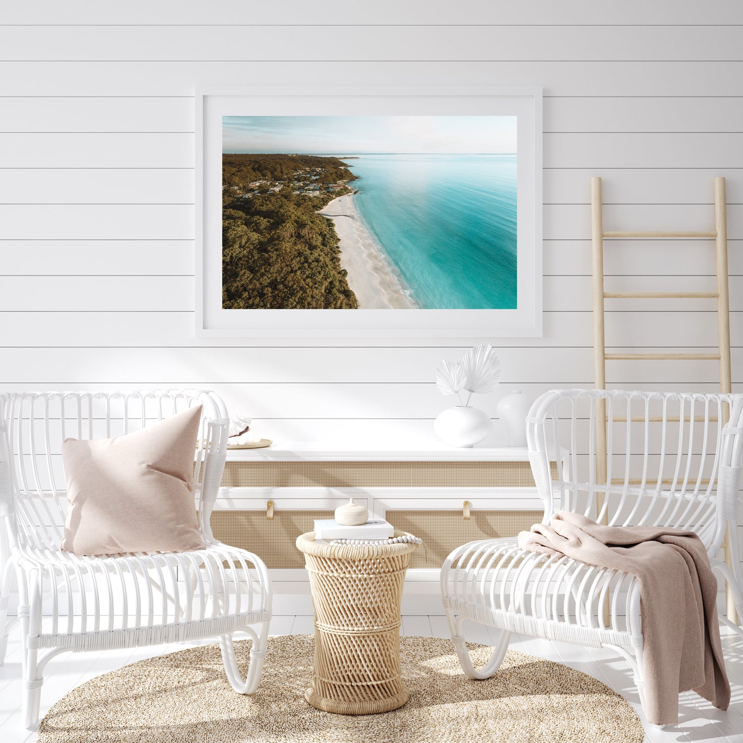 Hyams Beach sunrise in white frame - coastal seascape wall art for modern homes