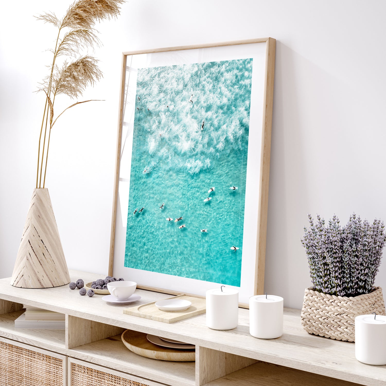 Surf gradient seascape in oak frame - abstract coastal wall art for modern homes
