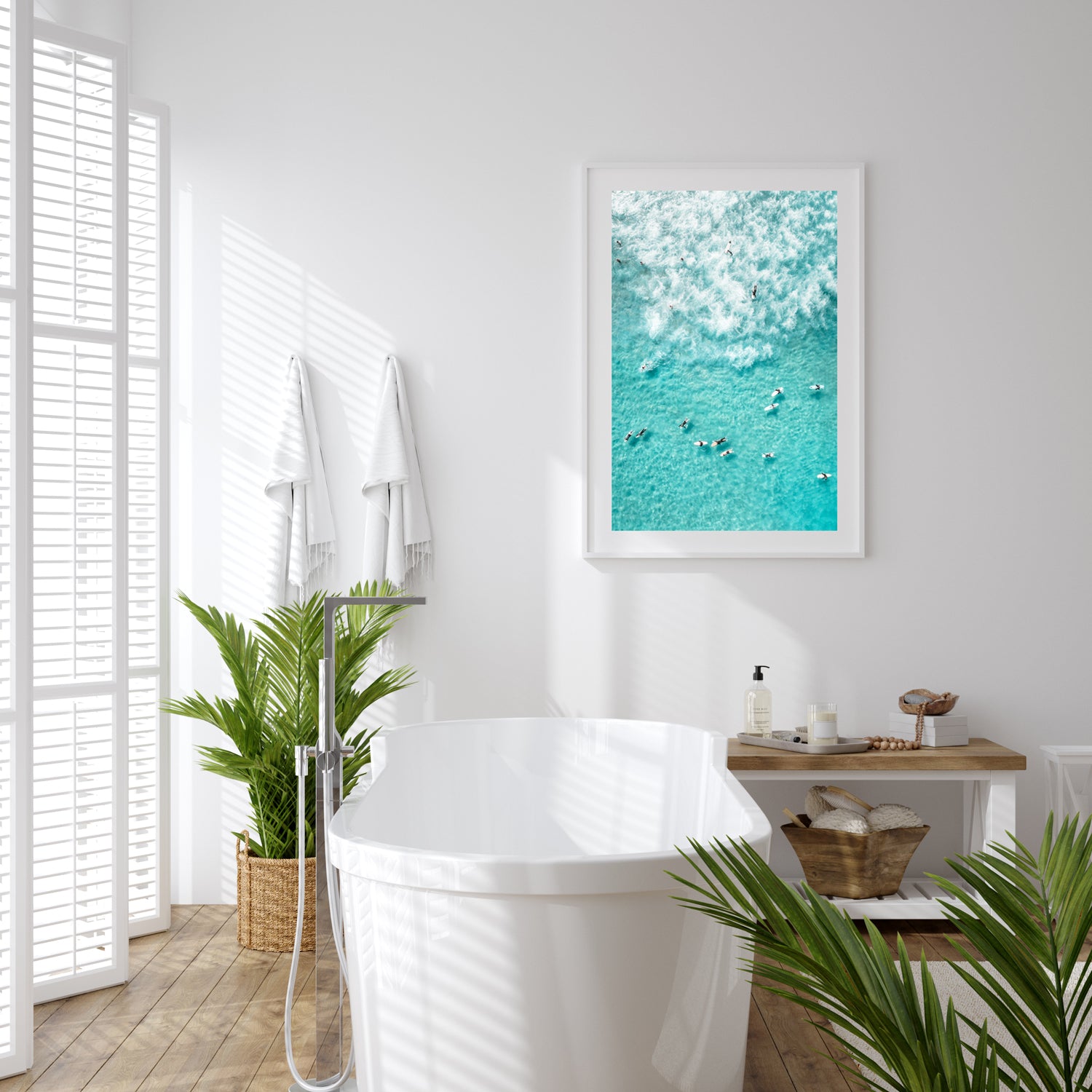 Surf gradient abstract seascape in white frame - coastal wall art for modern homes