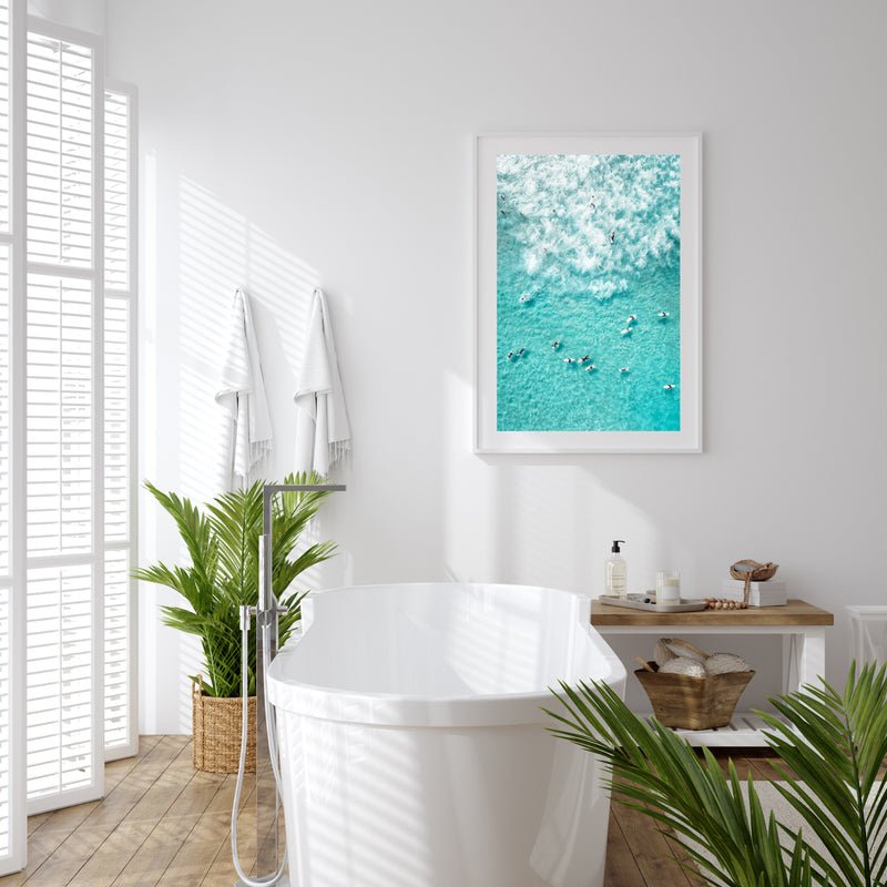 Sydney Surf Abstract Art Print for Coastal Interior in a white frame in a bathroom setting.