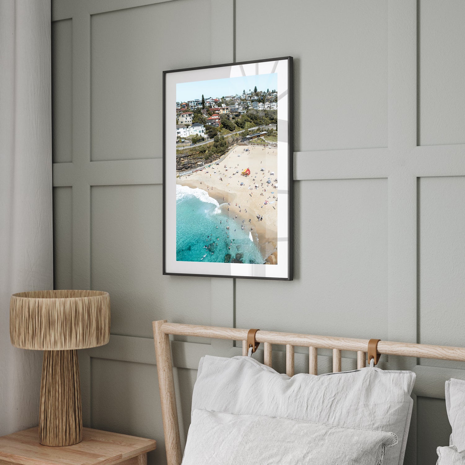Tamarama Beach aerial view in black frame - Australian coastal photography wall art