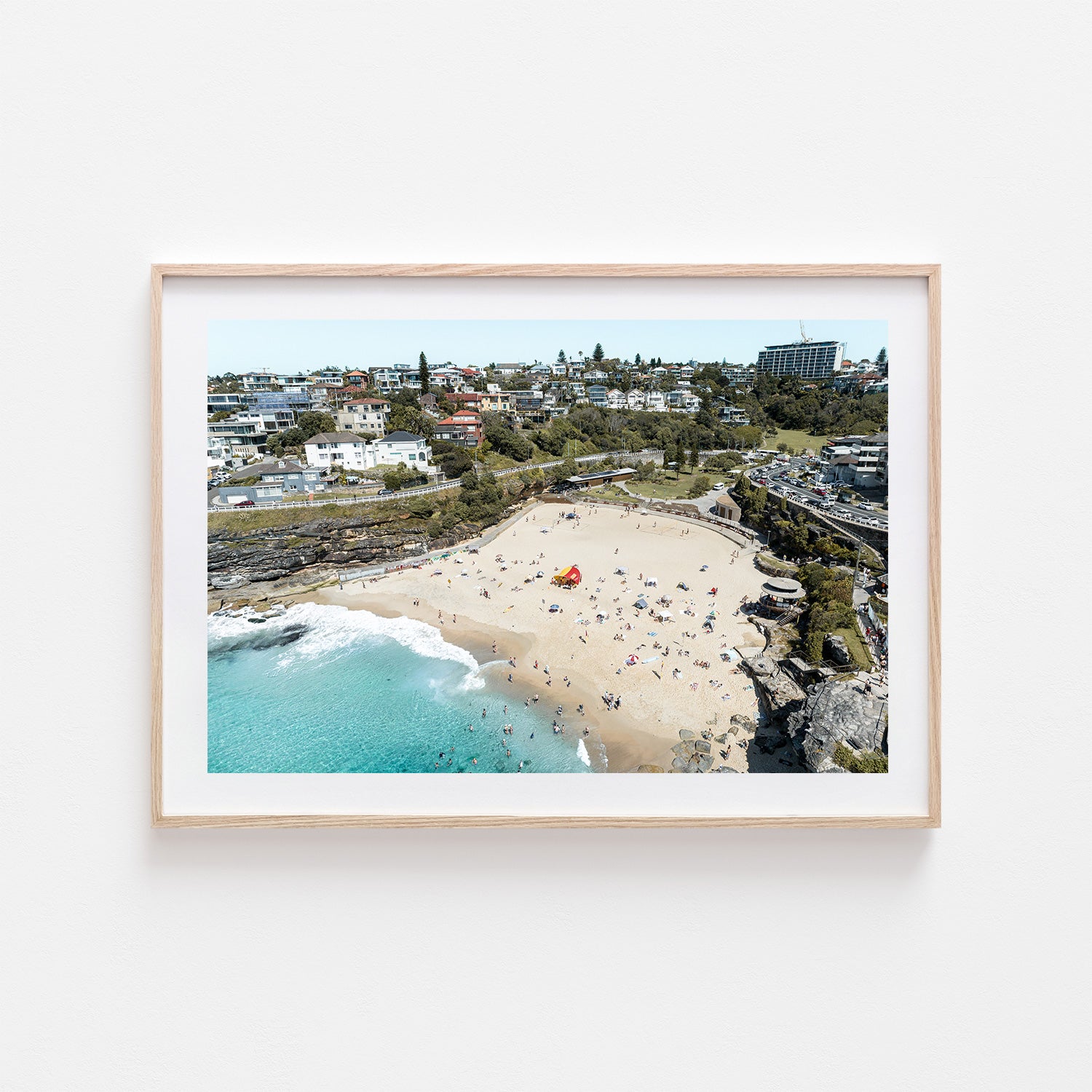 Tamarama Beach aerial view in oak frame - coastal landscape photography wall art