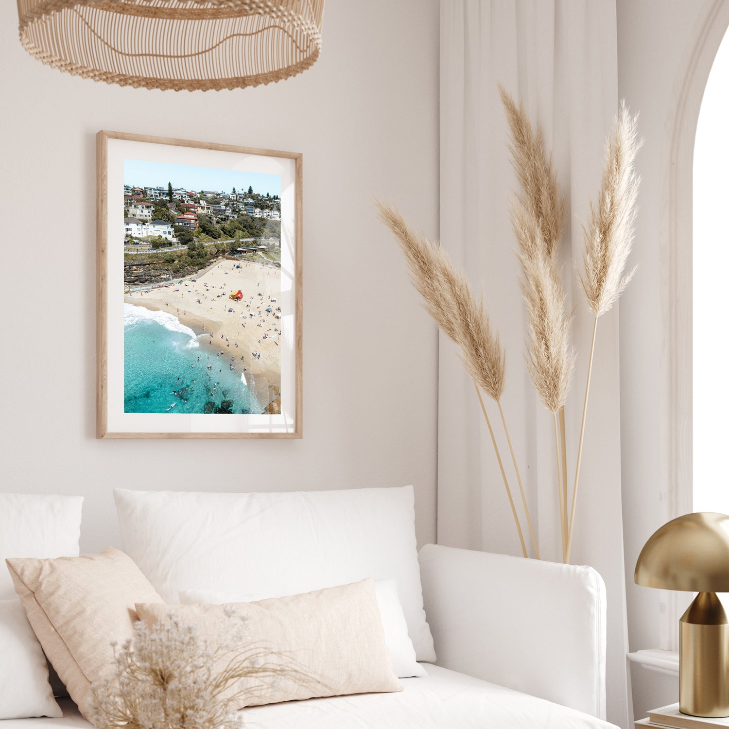 Tamarama Beach aerial view in oak frame - coastal landscape photography wall art