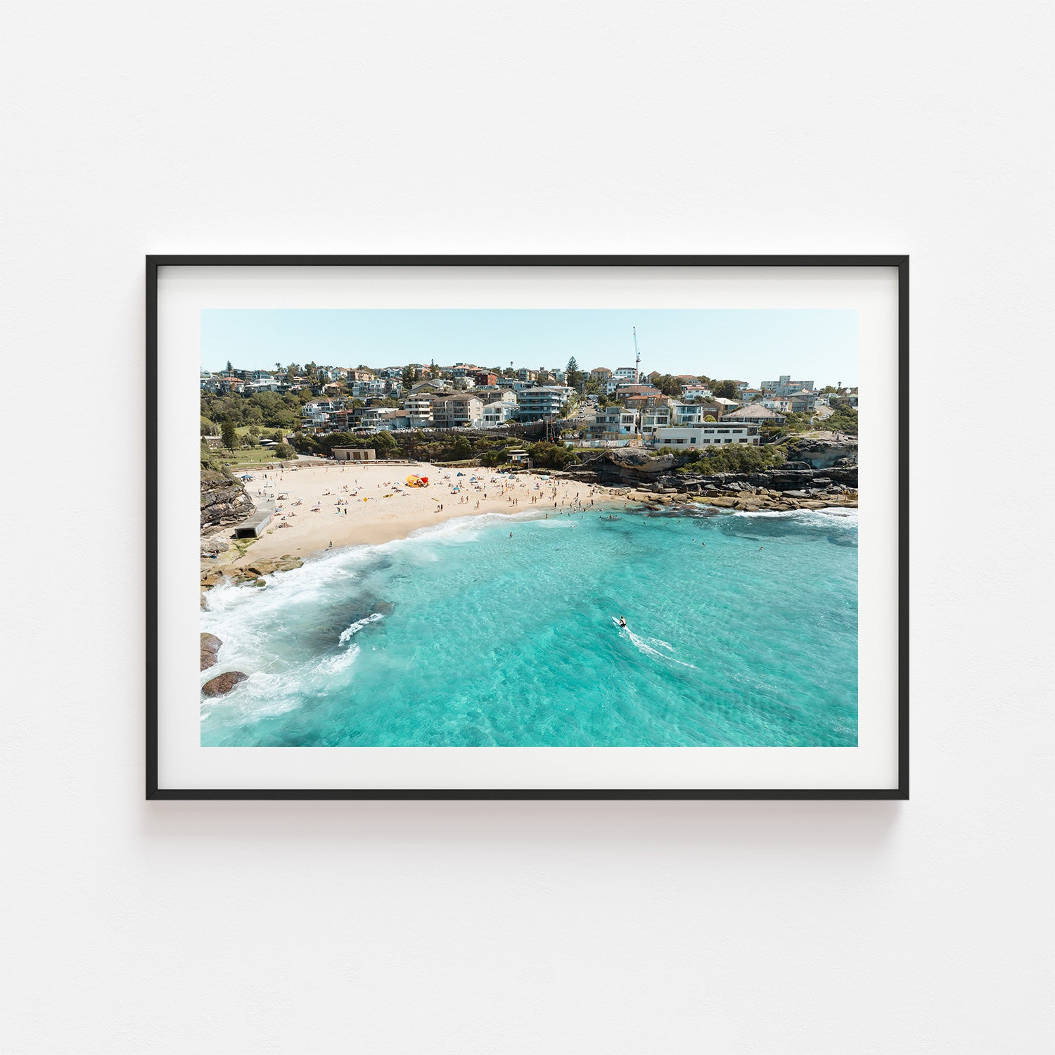 Tamarama Beach aerial seascape in black frame - Sydney coastal photography wall art