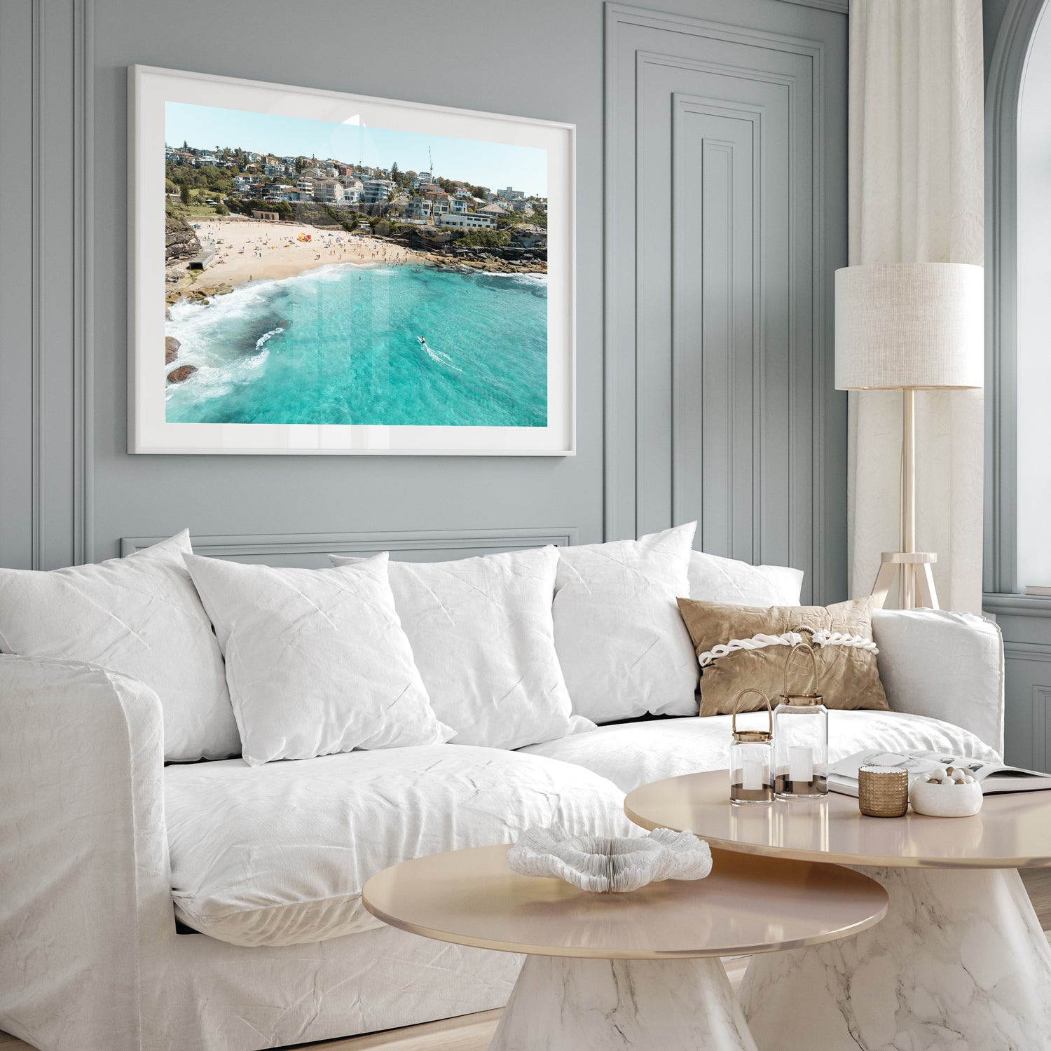 Tamarama Beach aerial view in white frame - coastal Sydney photography wall art